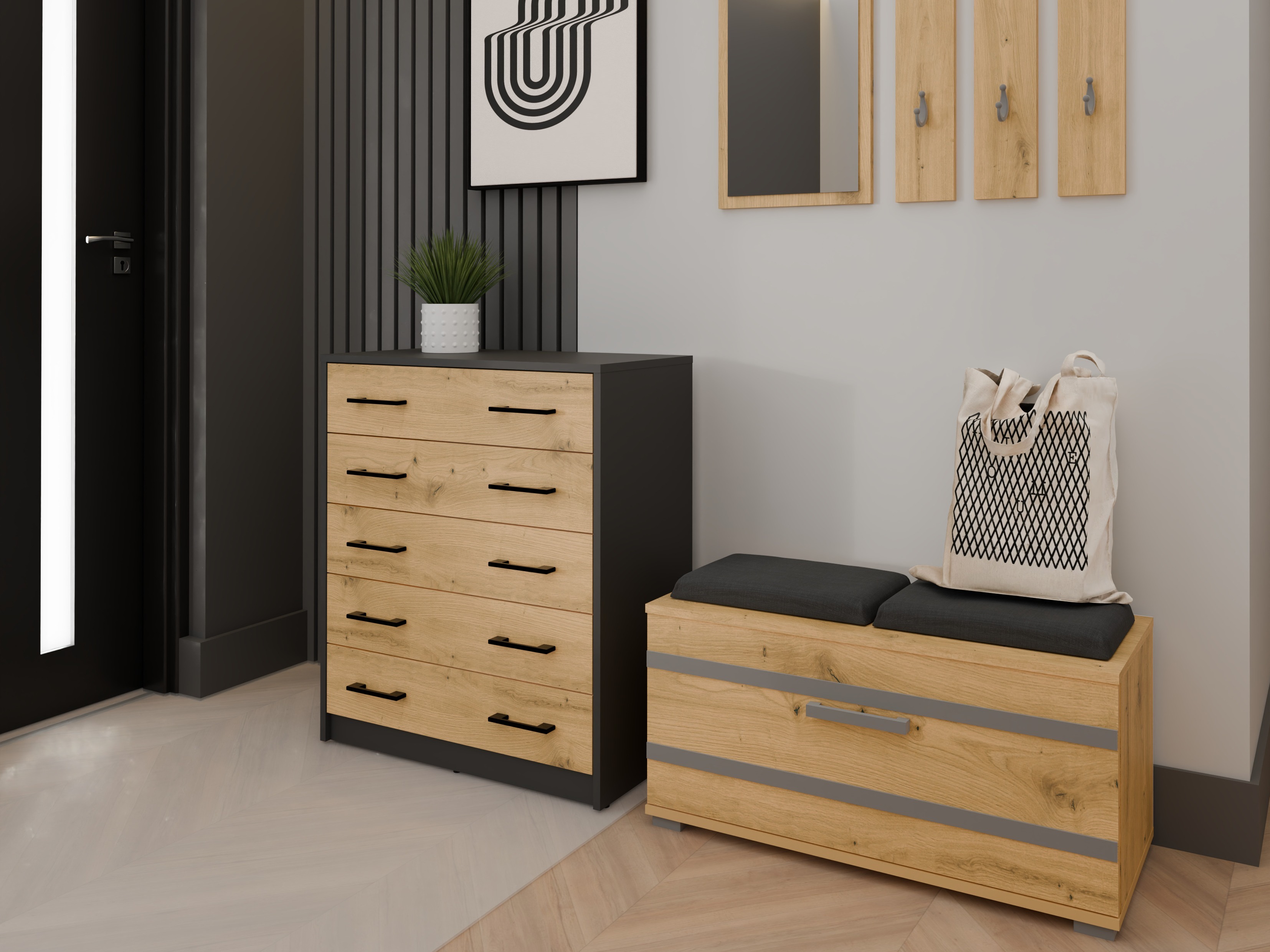 Dulap pantofi Mandeville 372 (Stejar artizan + Antracit)