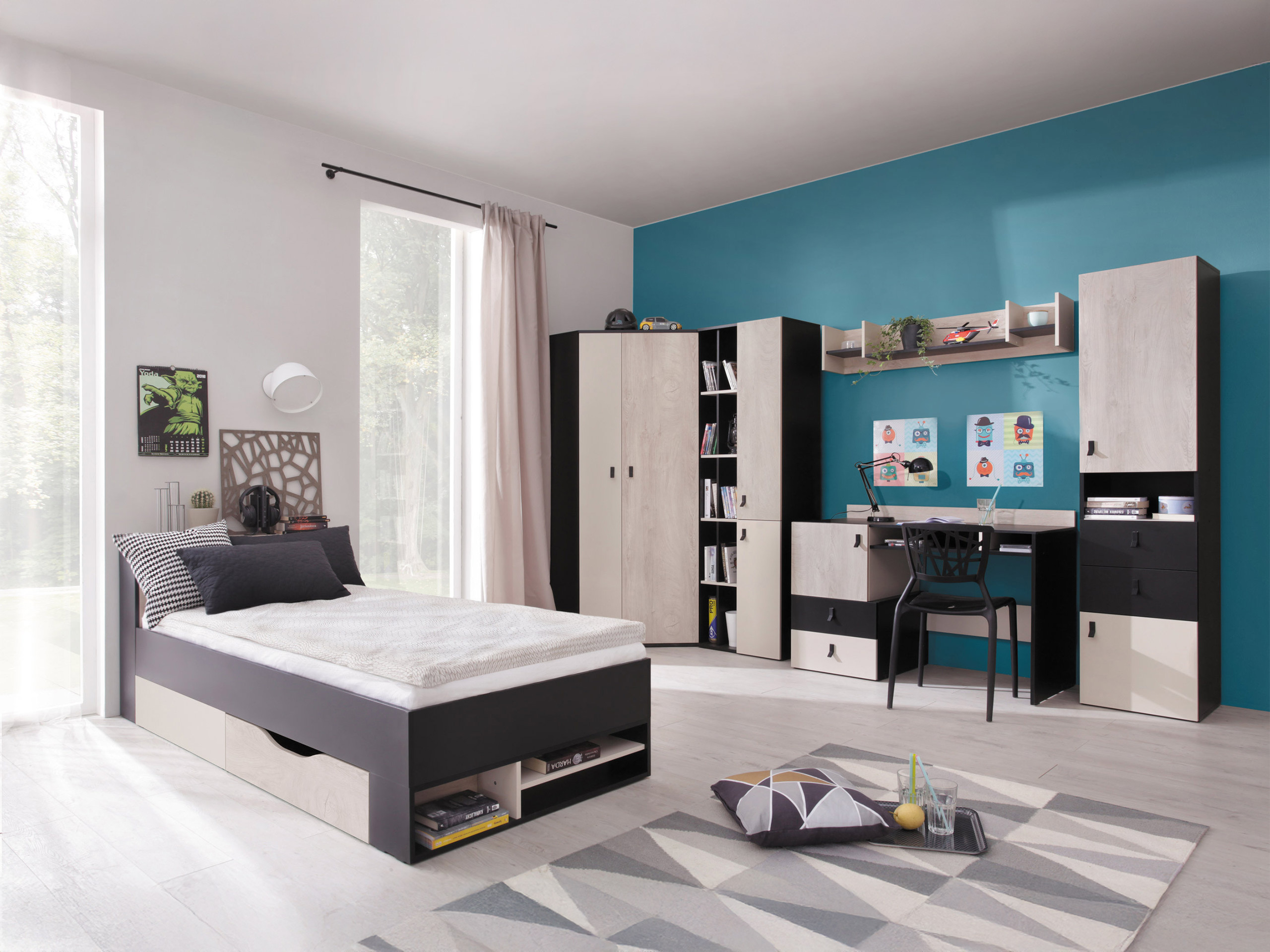 Birou Camteso 107 (Negru + Stejar + Bej)