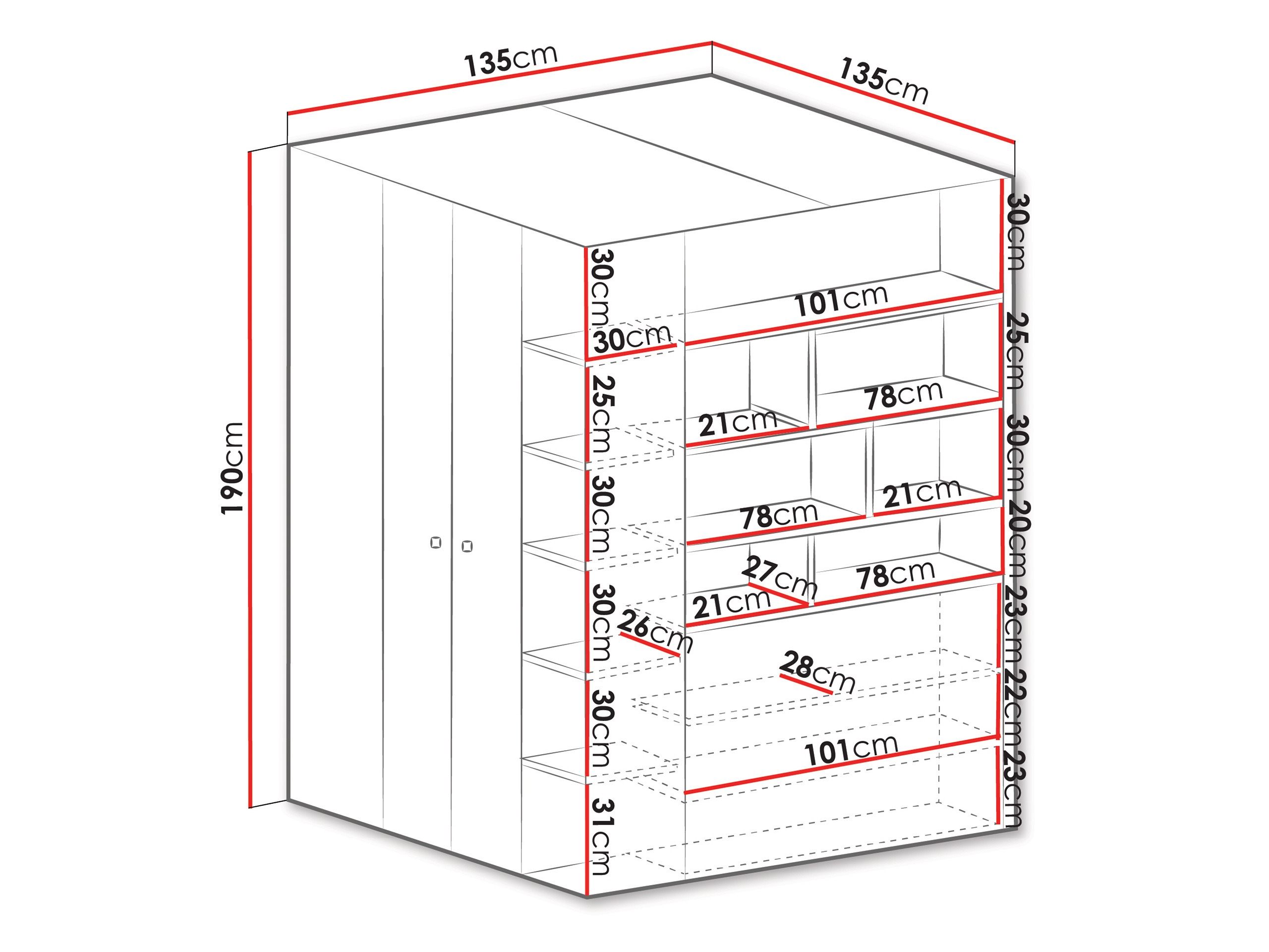 Dulap de colț Camteso 113 (Alb + Stejar + Turcoaz)