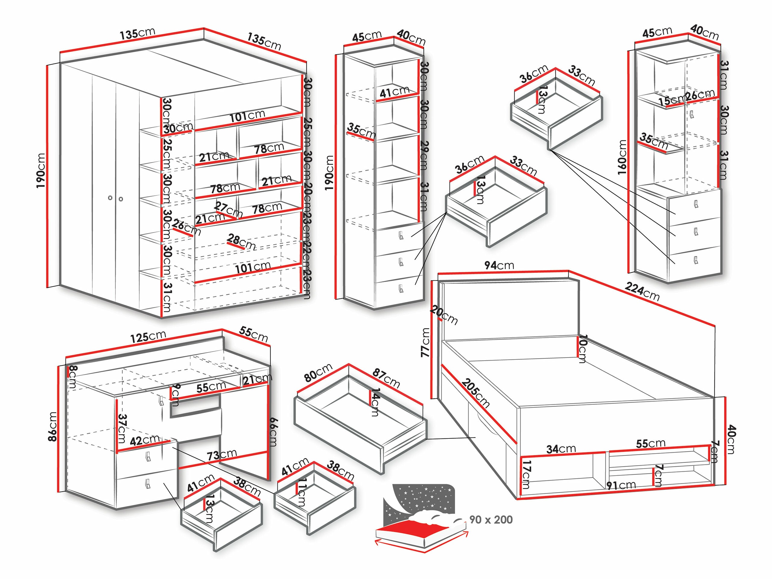 Set de camera copii Camteso 115 (Alb + Stejar + Turcoaz)