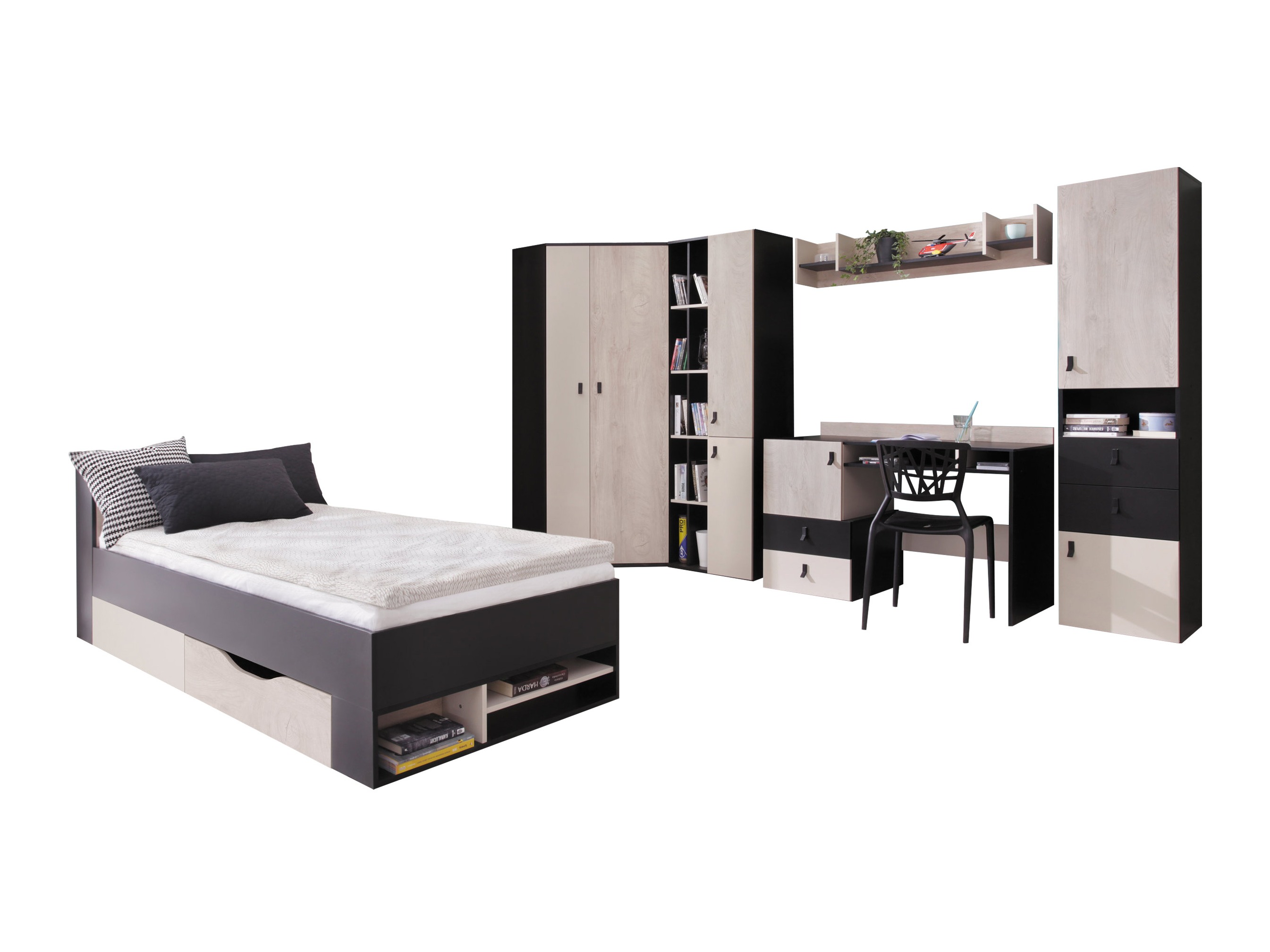 Set pentru camera copiilor Camteso 114 (Negru + Stejar + Bej)