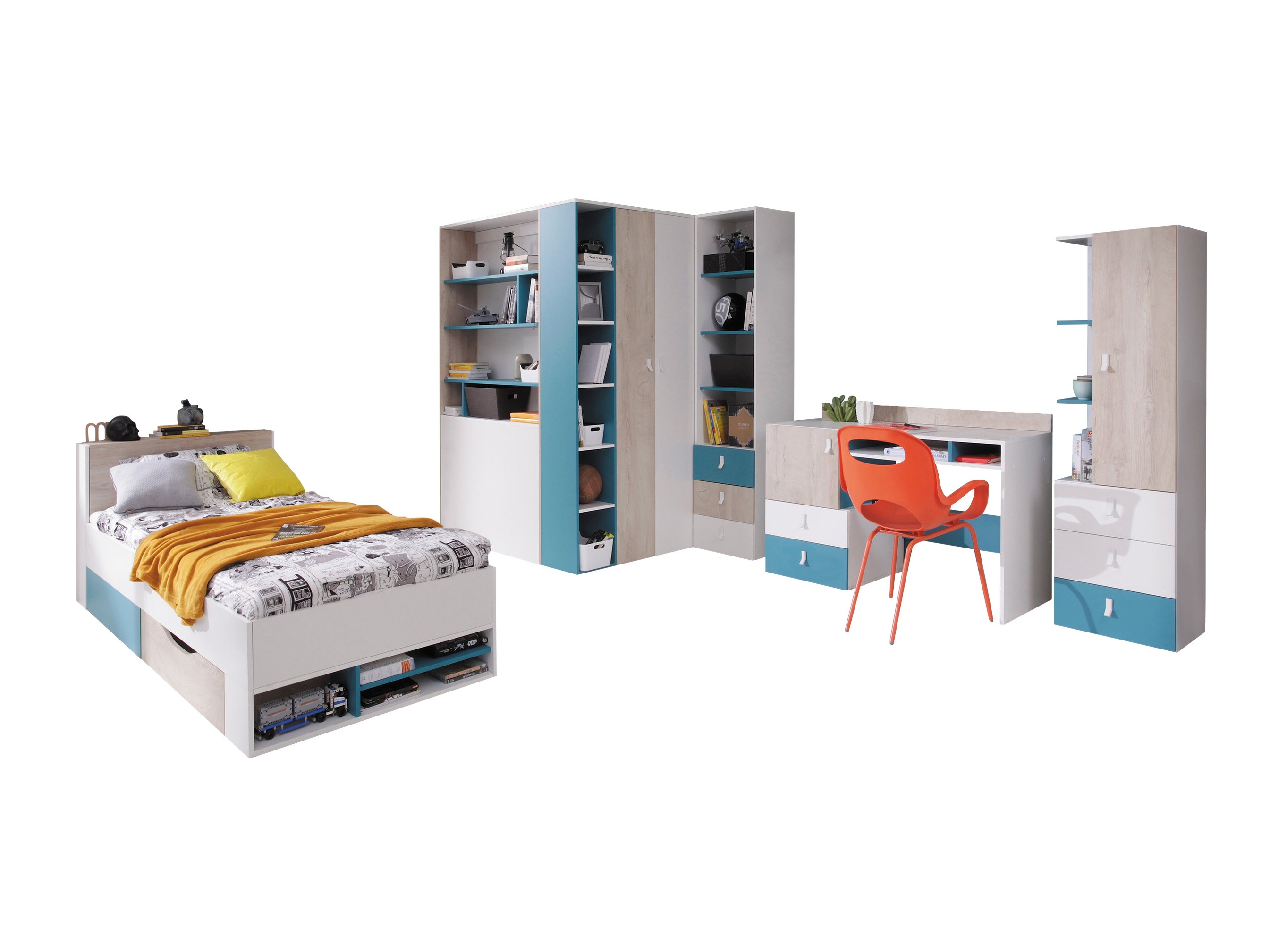 Set pentru camera copiilor Camteso 115 (Alb + Stejar + Turcoaz)