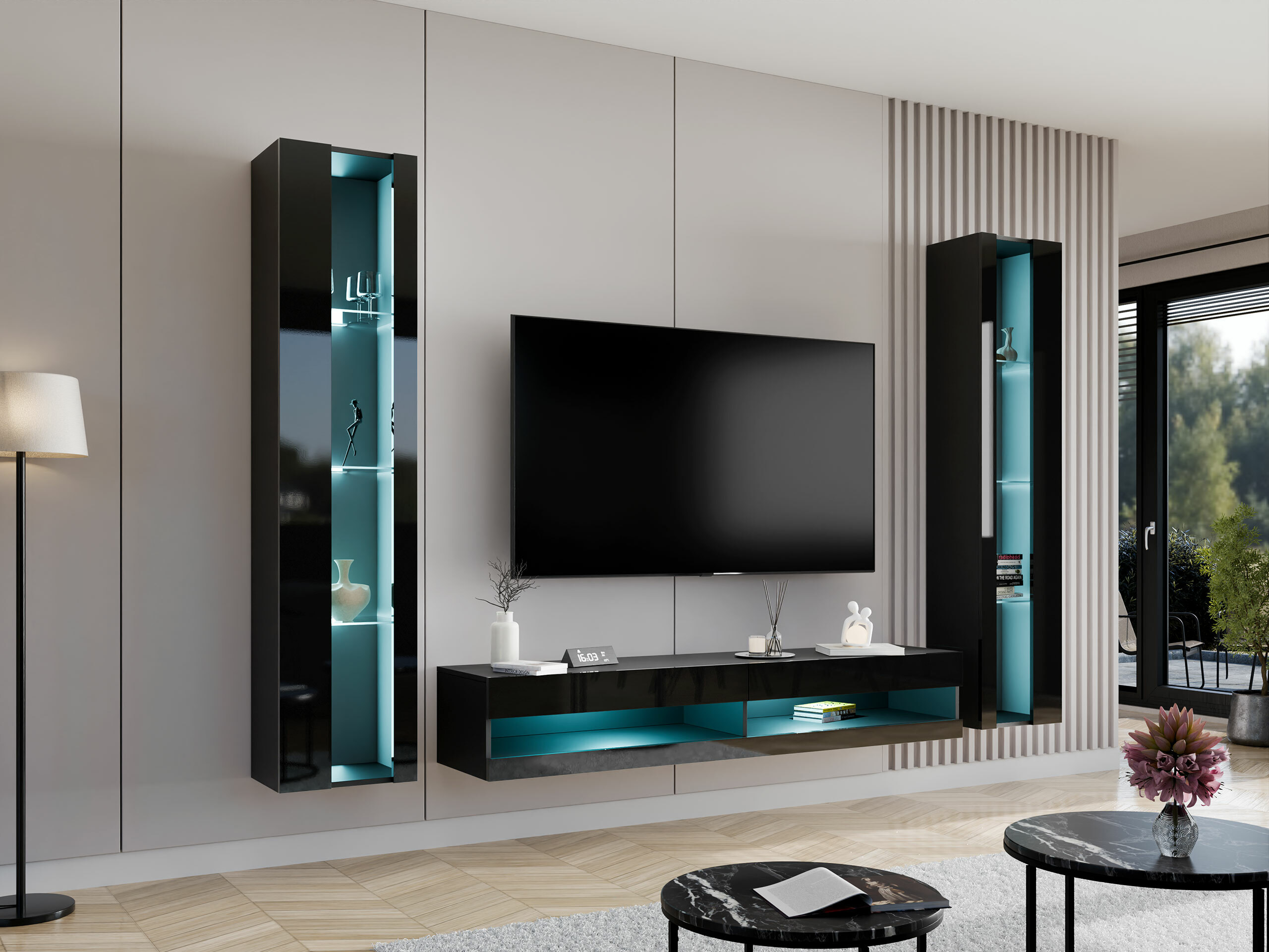 Set de living Vilrin V (Negru + Negru lucios)
