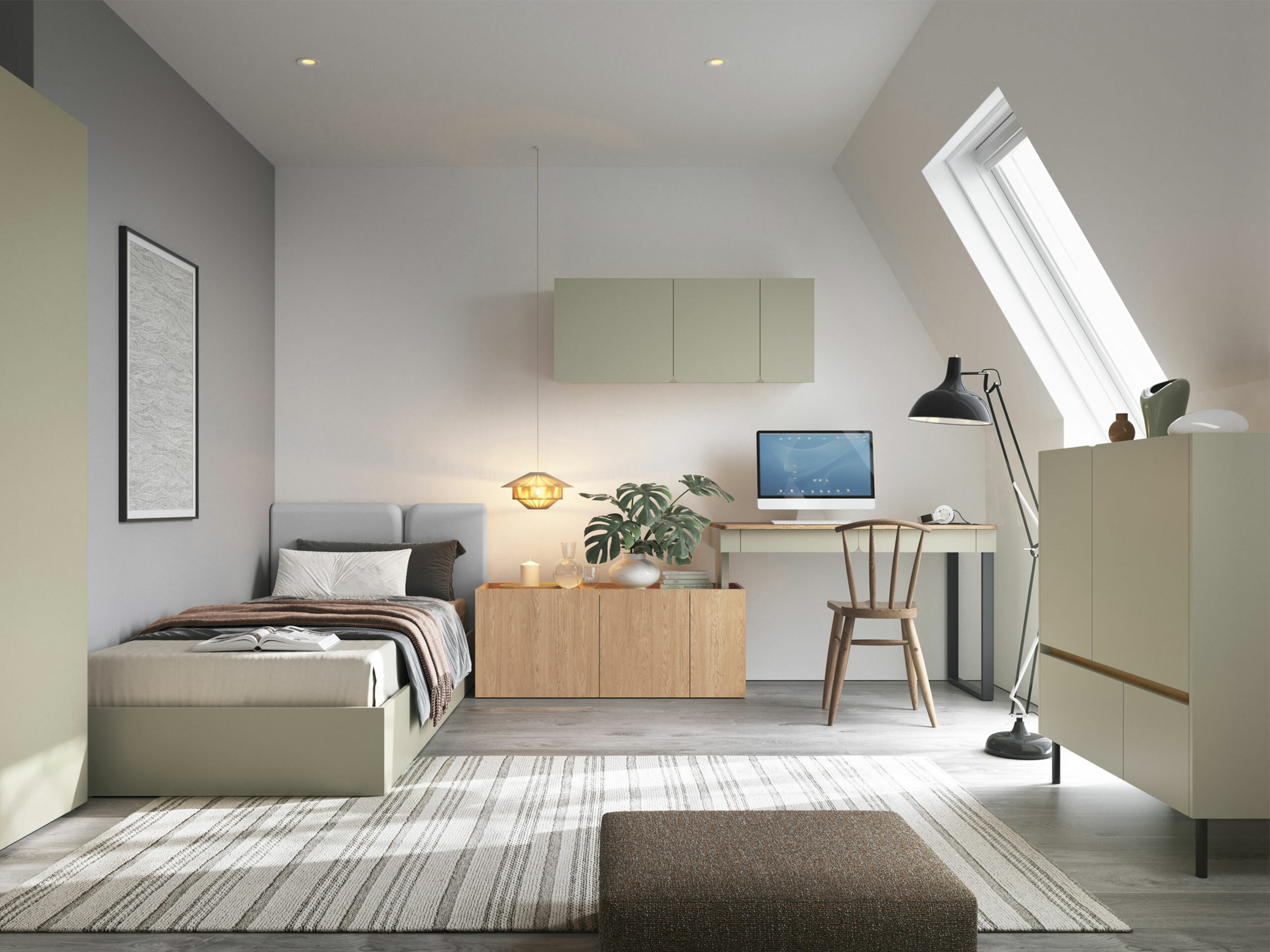 Comodă Fiosono 107 (Verde prăfuit + Stejar)