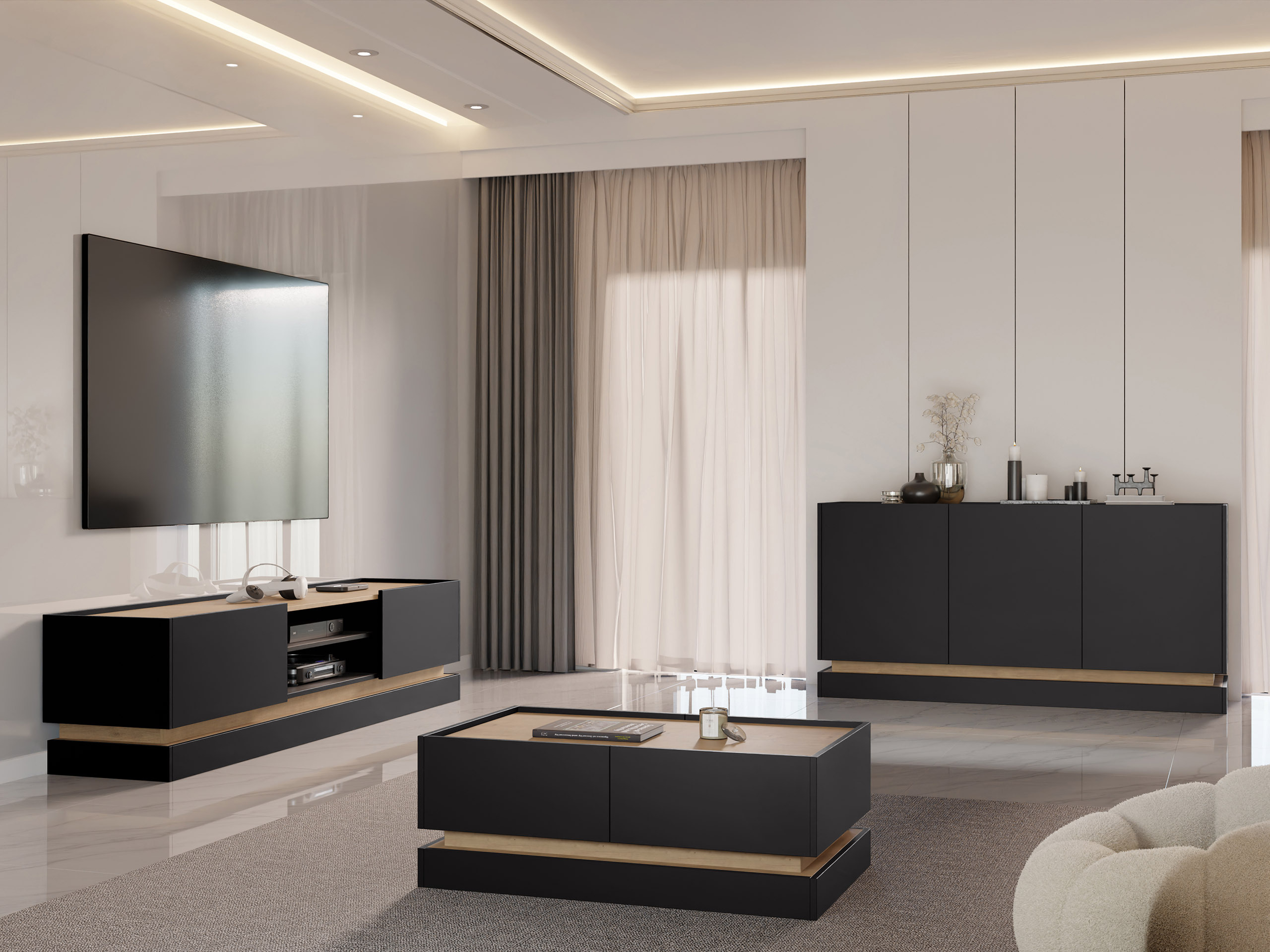 Set de living Comfivo Tilia (Negru + Stejar)