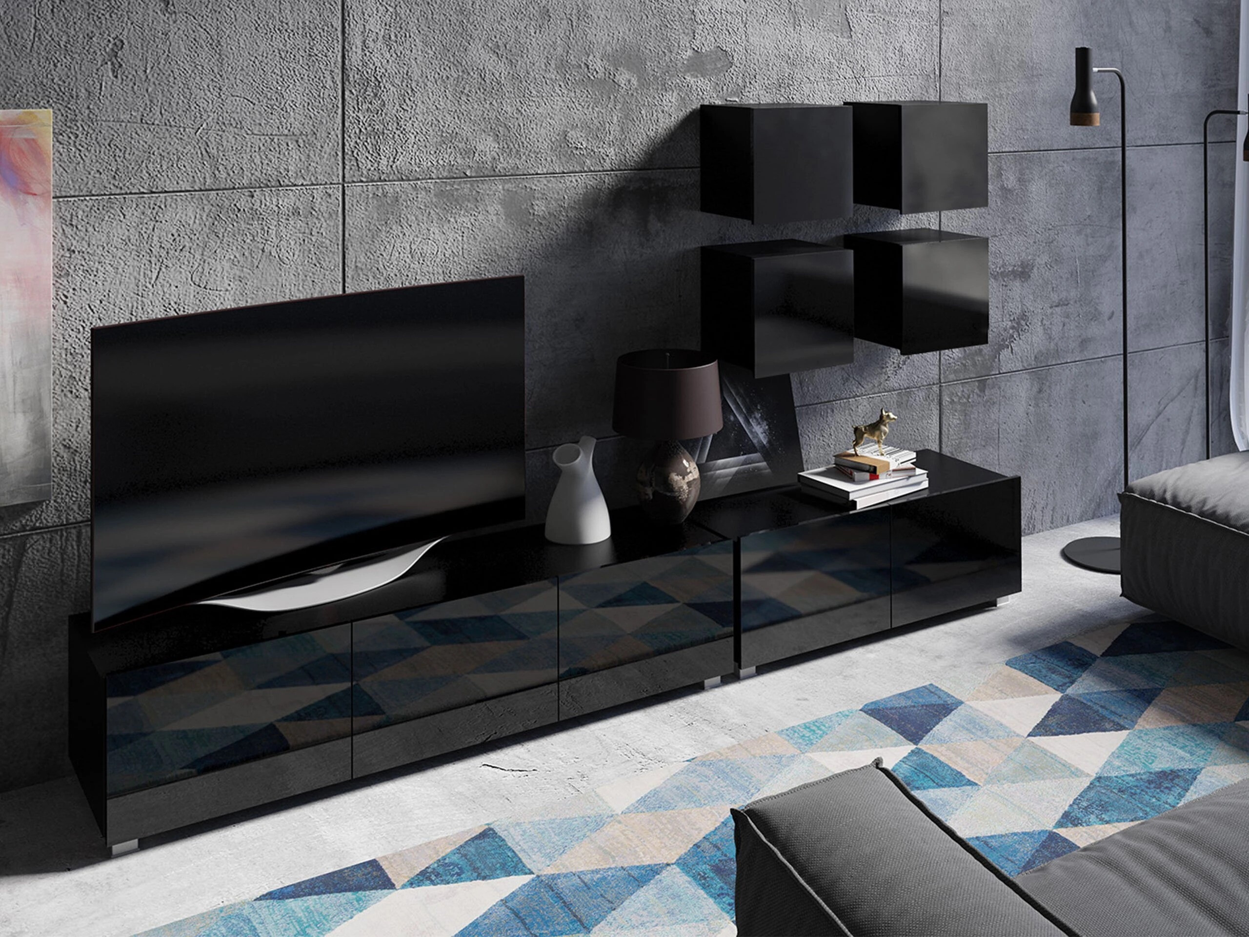 Comodă TV Remus I (Negru + Negru lucios)