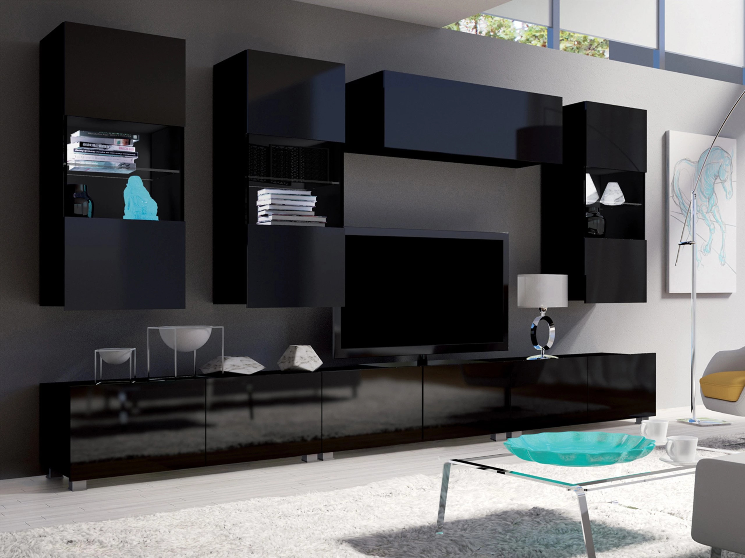 Dulap de perete Remus I (Negru + Negru lucios)