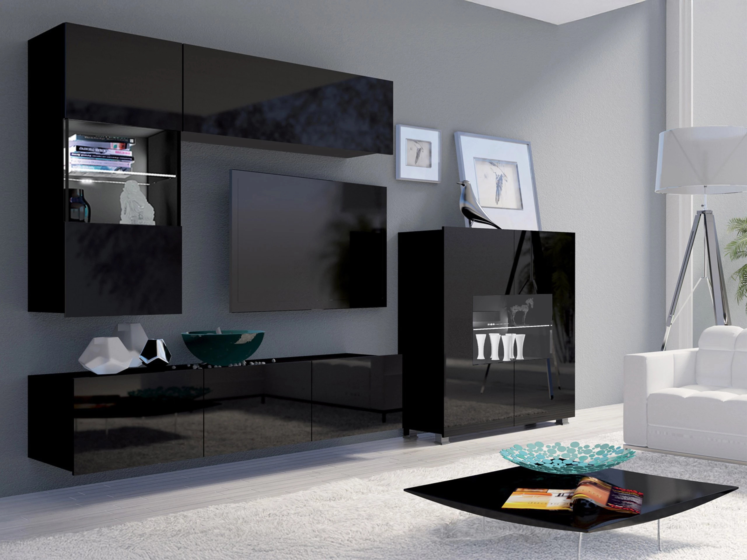Set de living Remus III (Negru + Negru lucios)