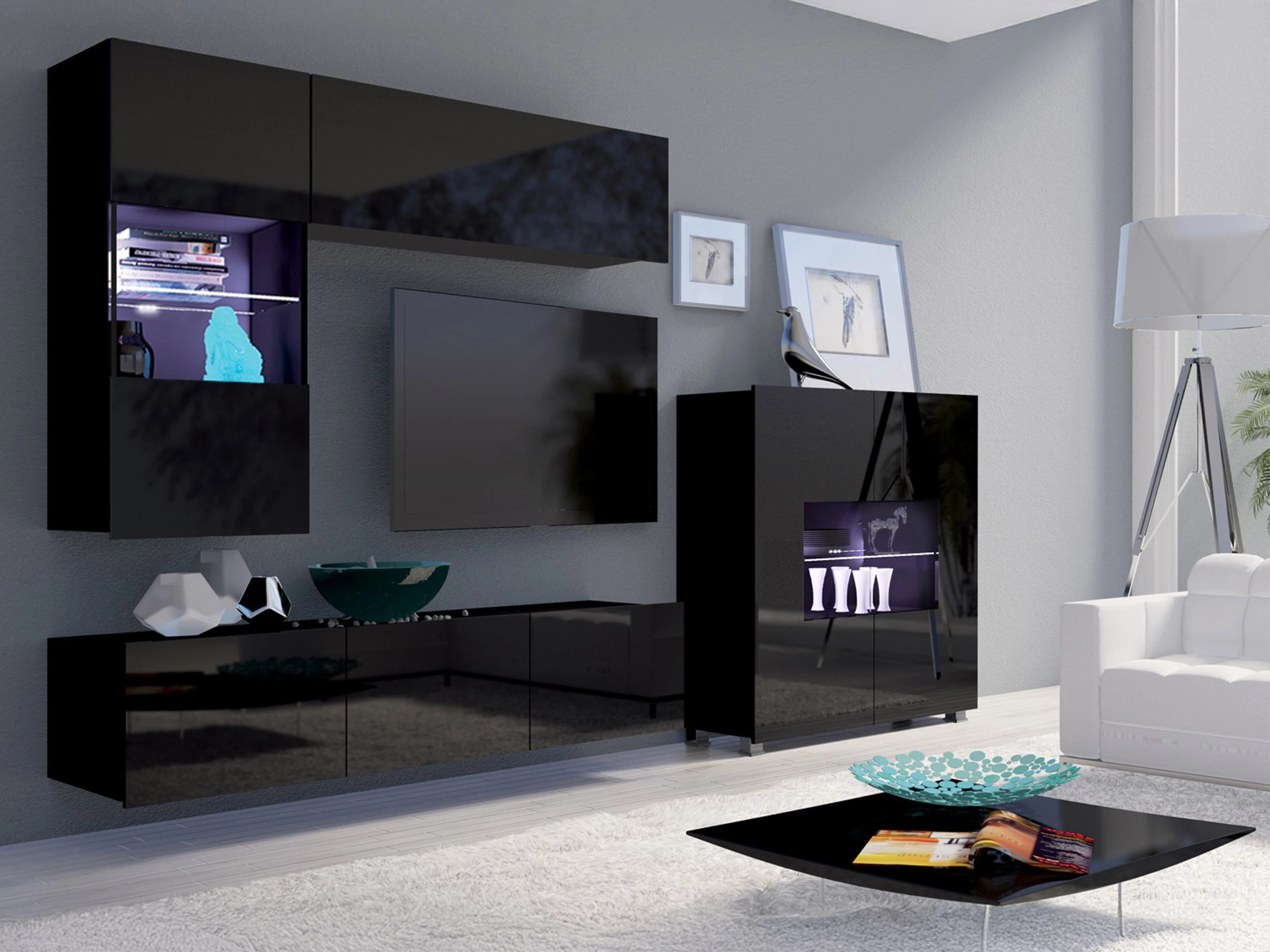 Set de living Remus III (Negru + Negru lucios)