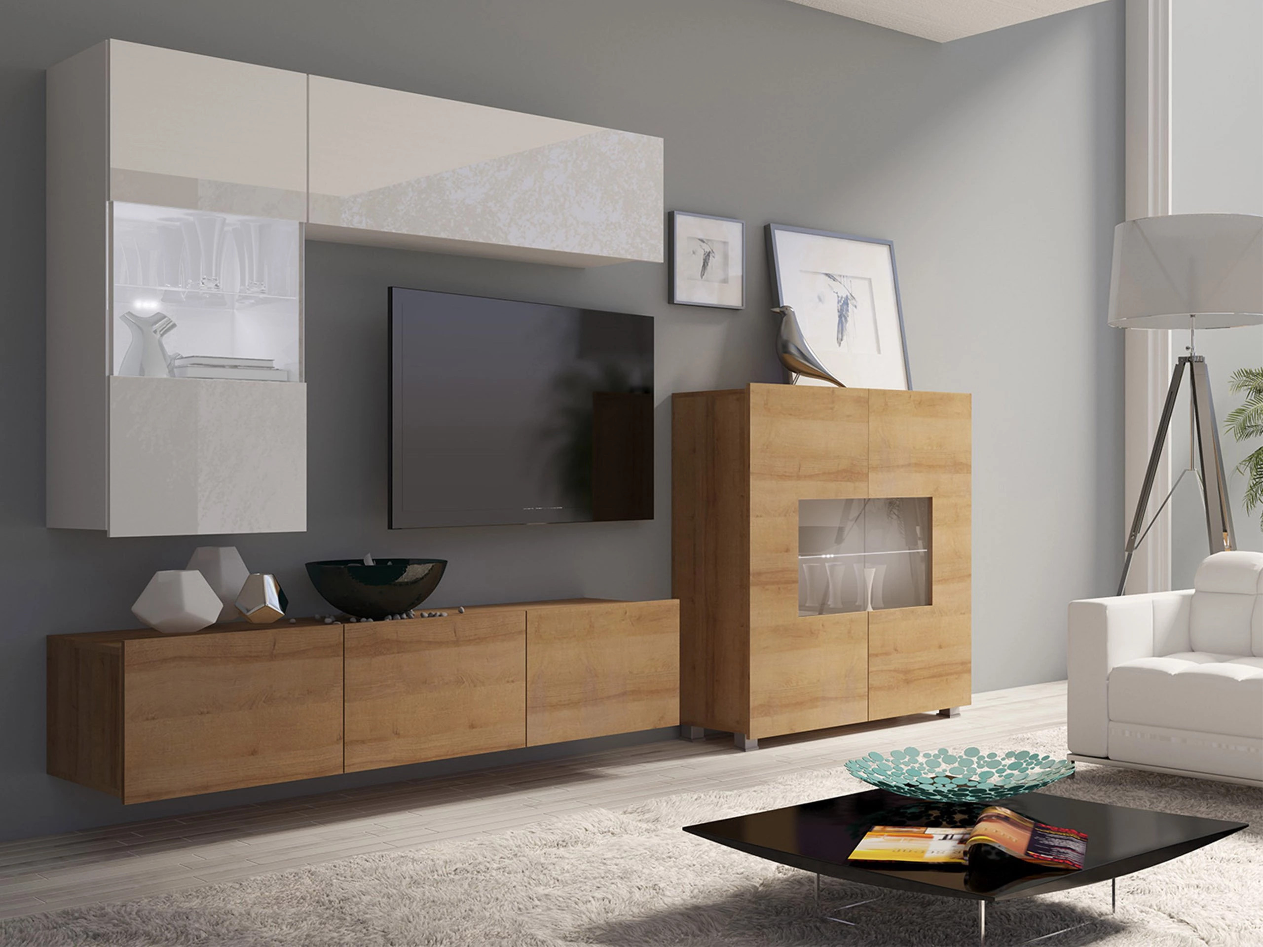 Set de living Remus III (Stejar auriu + Alb + Alb lucios)