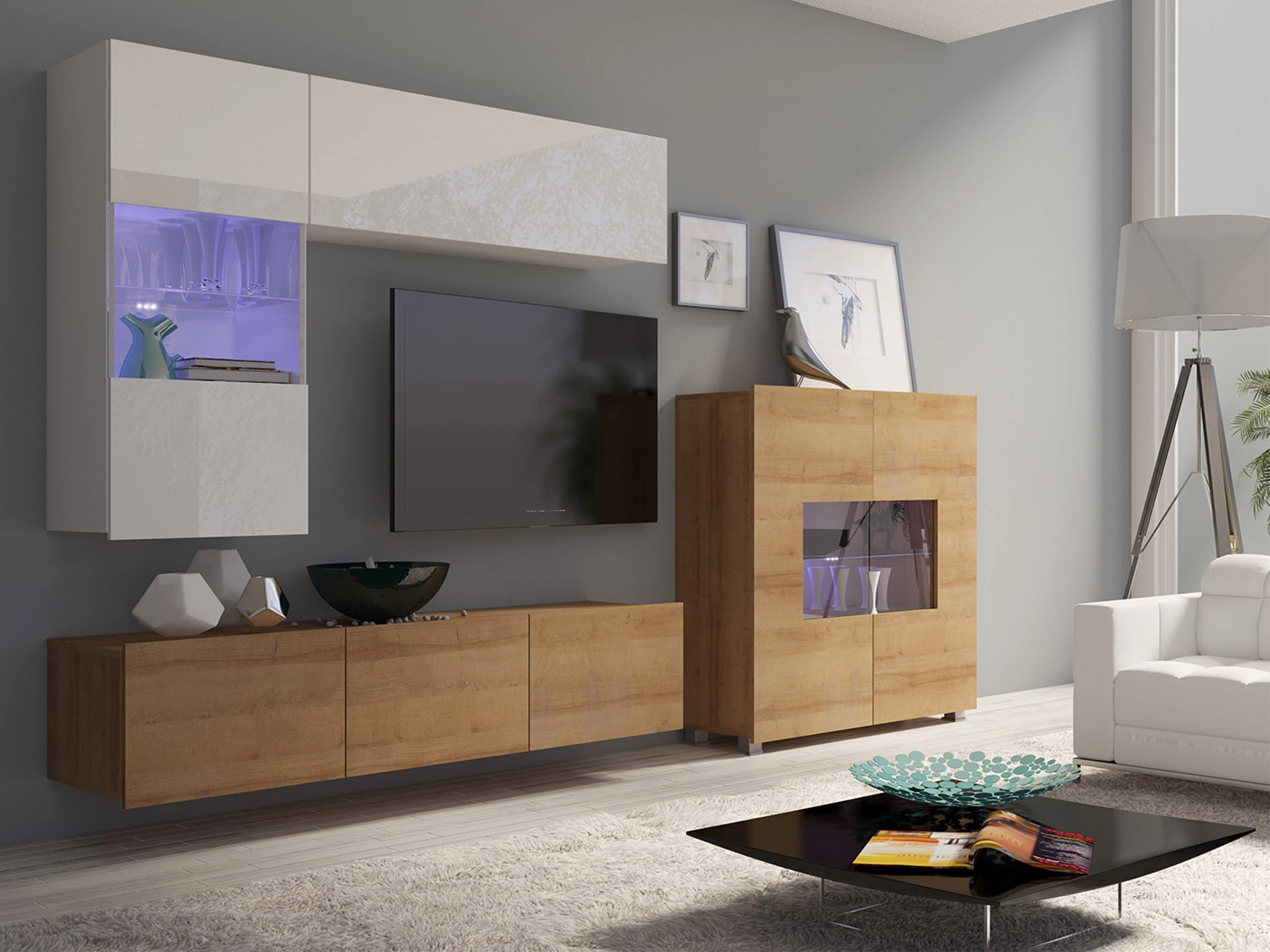 Set de living Remus III (Stejar auriu + Alb + Alb lucios)