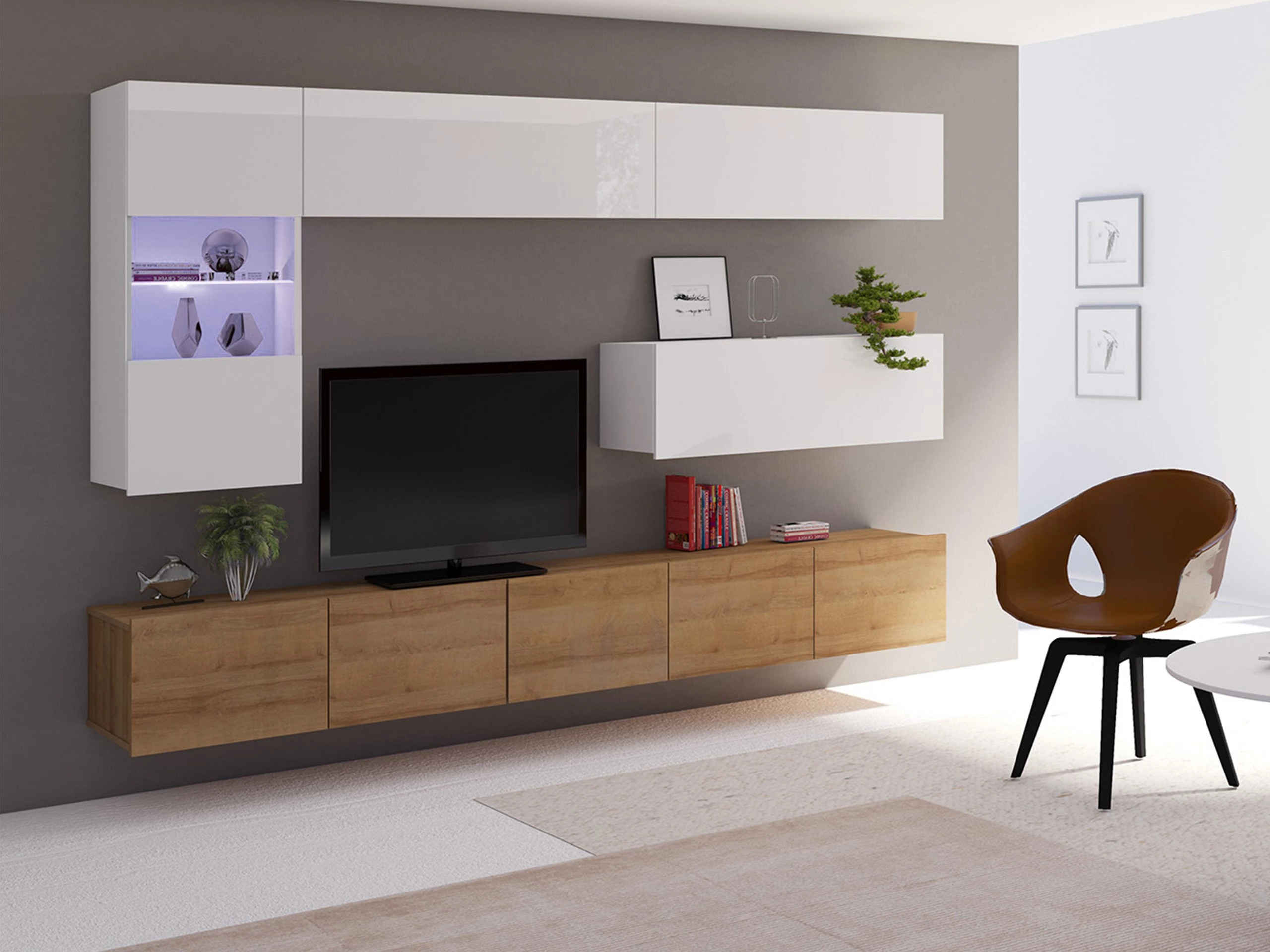 Set de living Remus IV (Stejar auriu + Alb + Alb lucios)