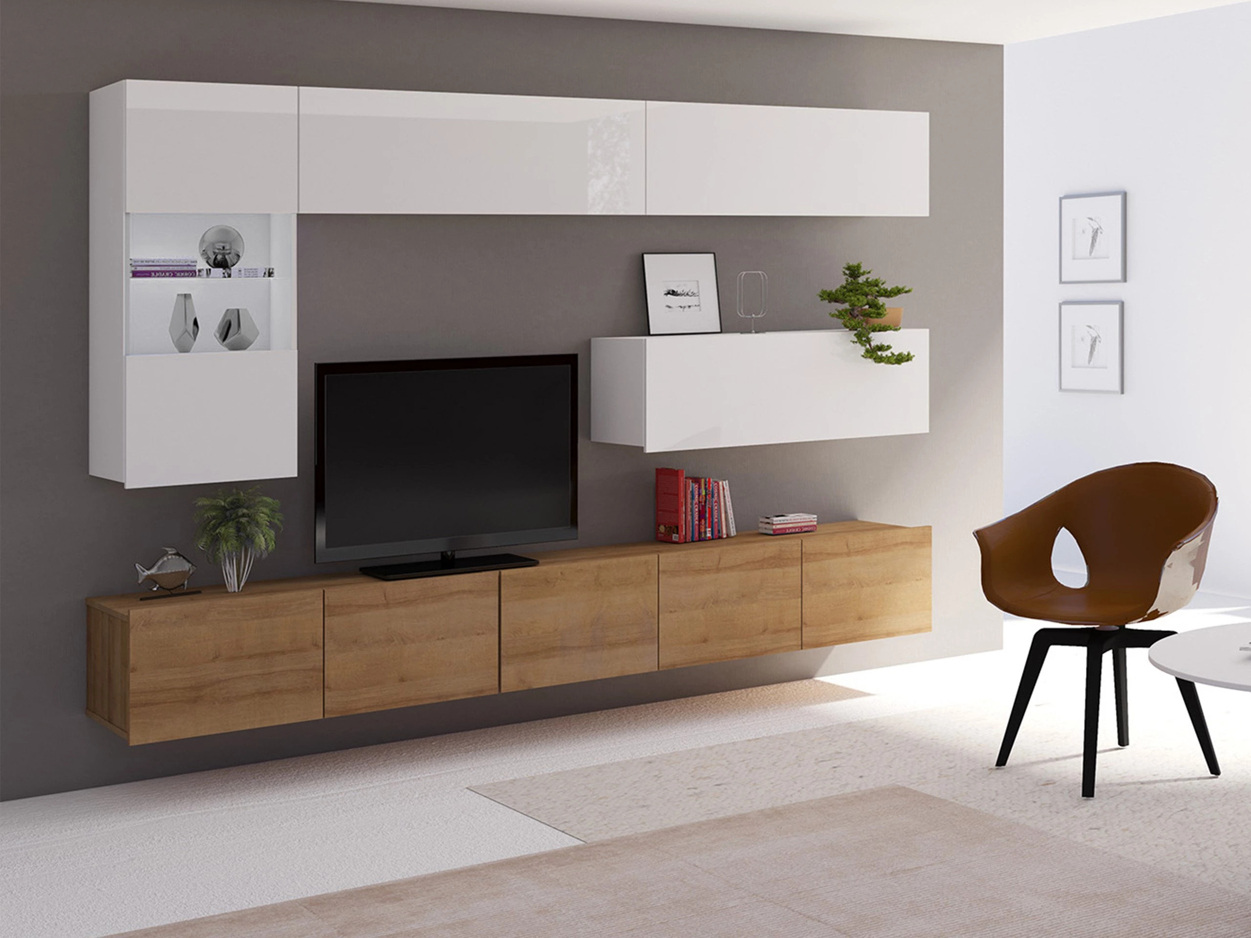 Set de living Remus IV (Stejar auriu + Alb + Alb lucios)