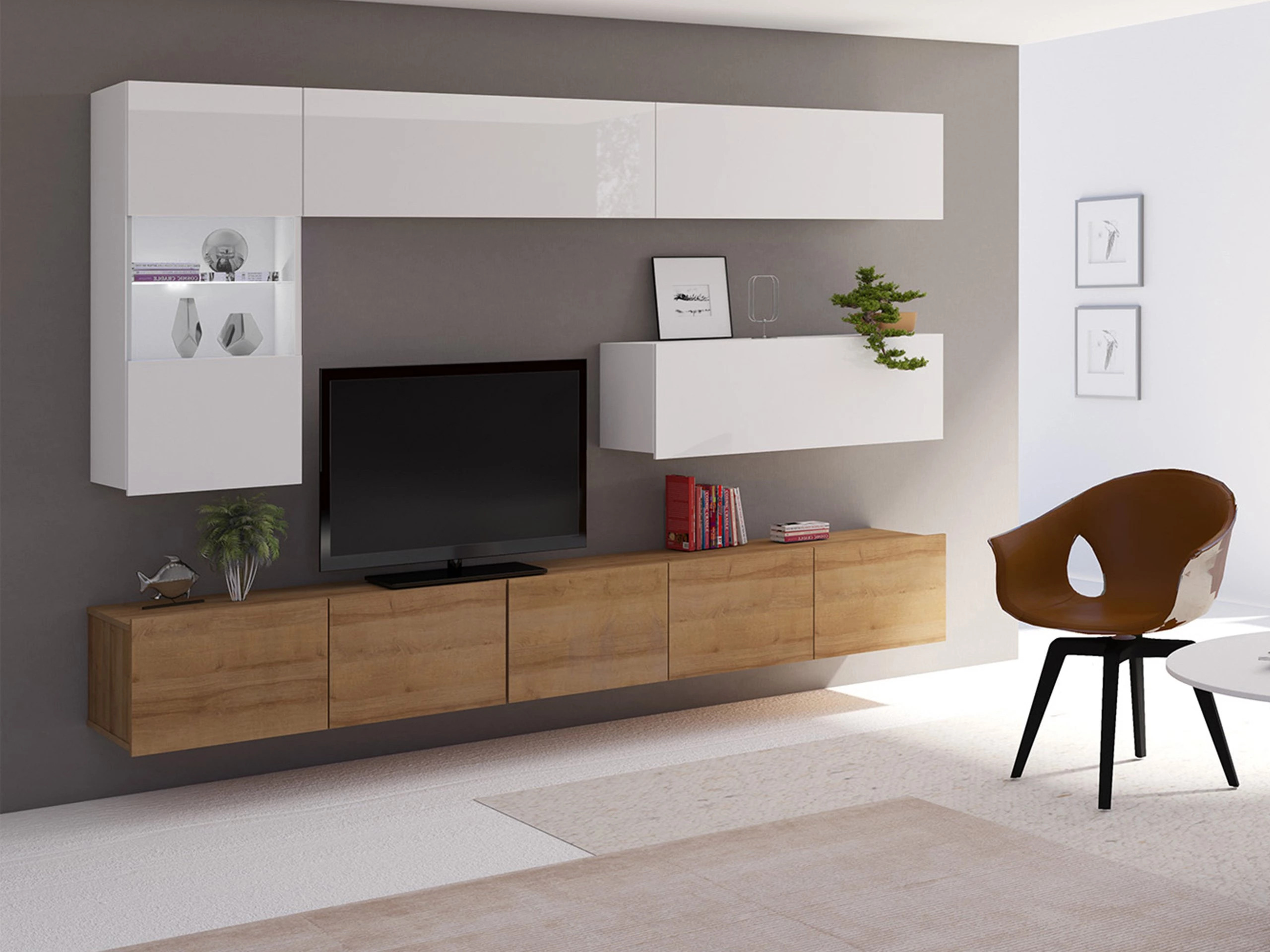 Set de living Remus IV (Stejar auriu + Alb + Alb lucios)