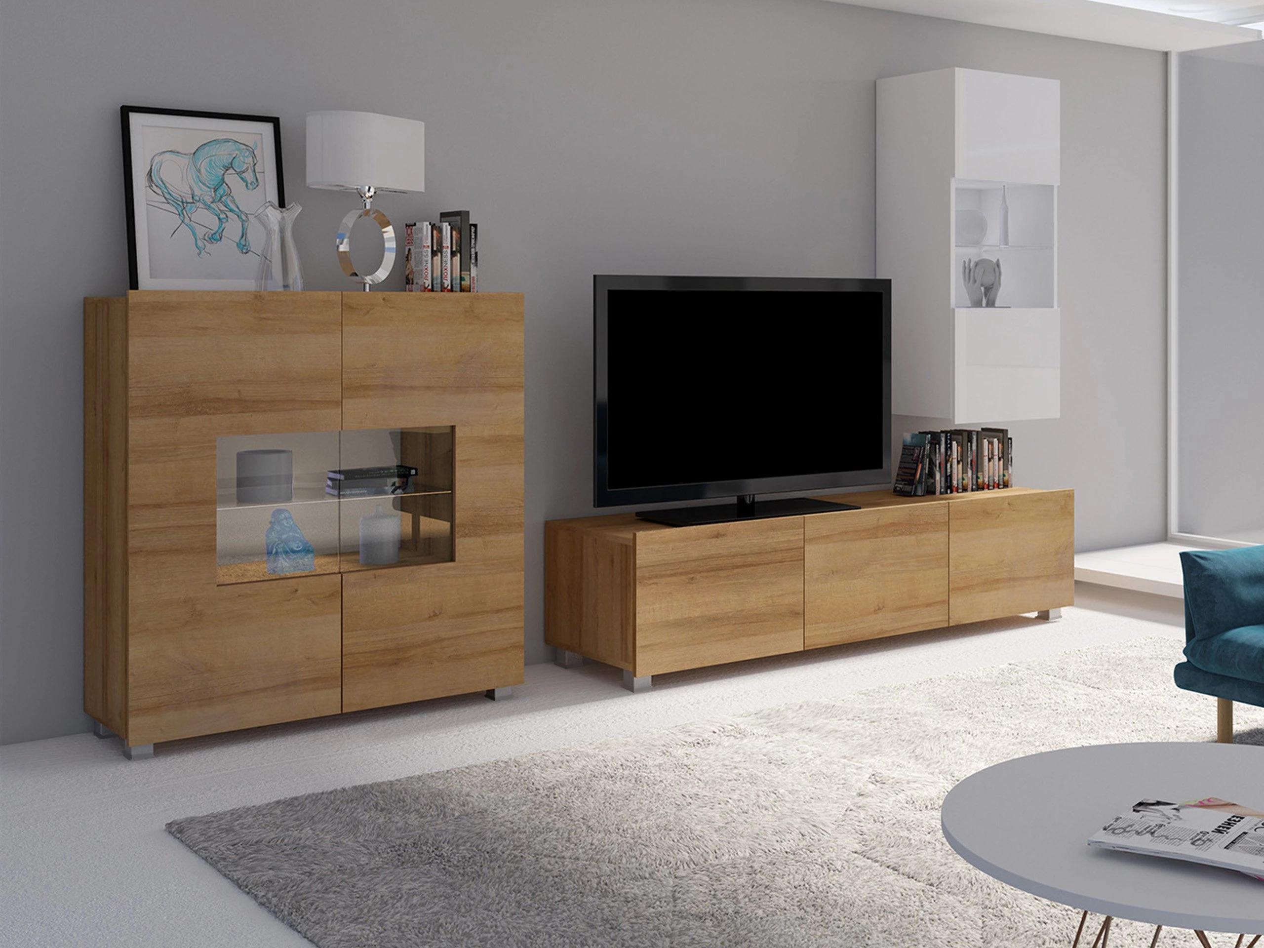 Set de living Remus VII (Stejar auriu + Alb + Alb lucios)