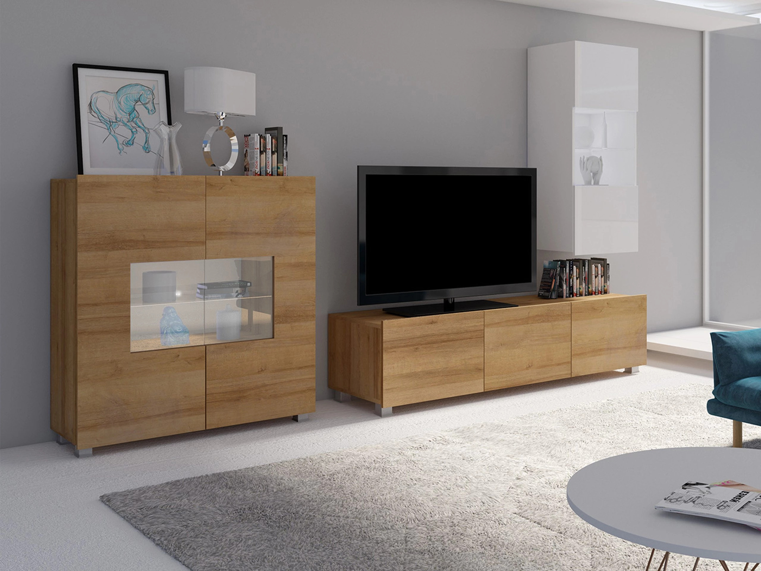 Set de living Remus VII (Stejar auriu + Alb + Alb lucios)
