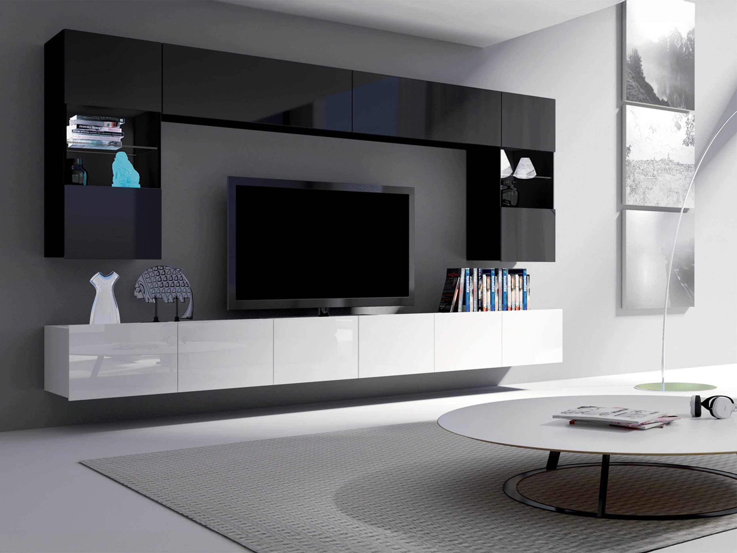 Set de living Remus I (Alb lucios + Negru lucios)