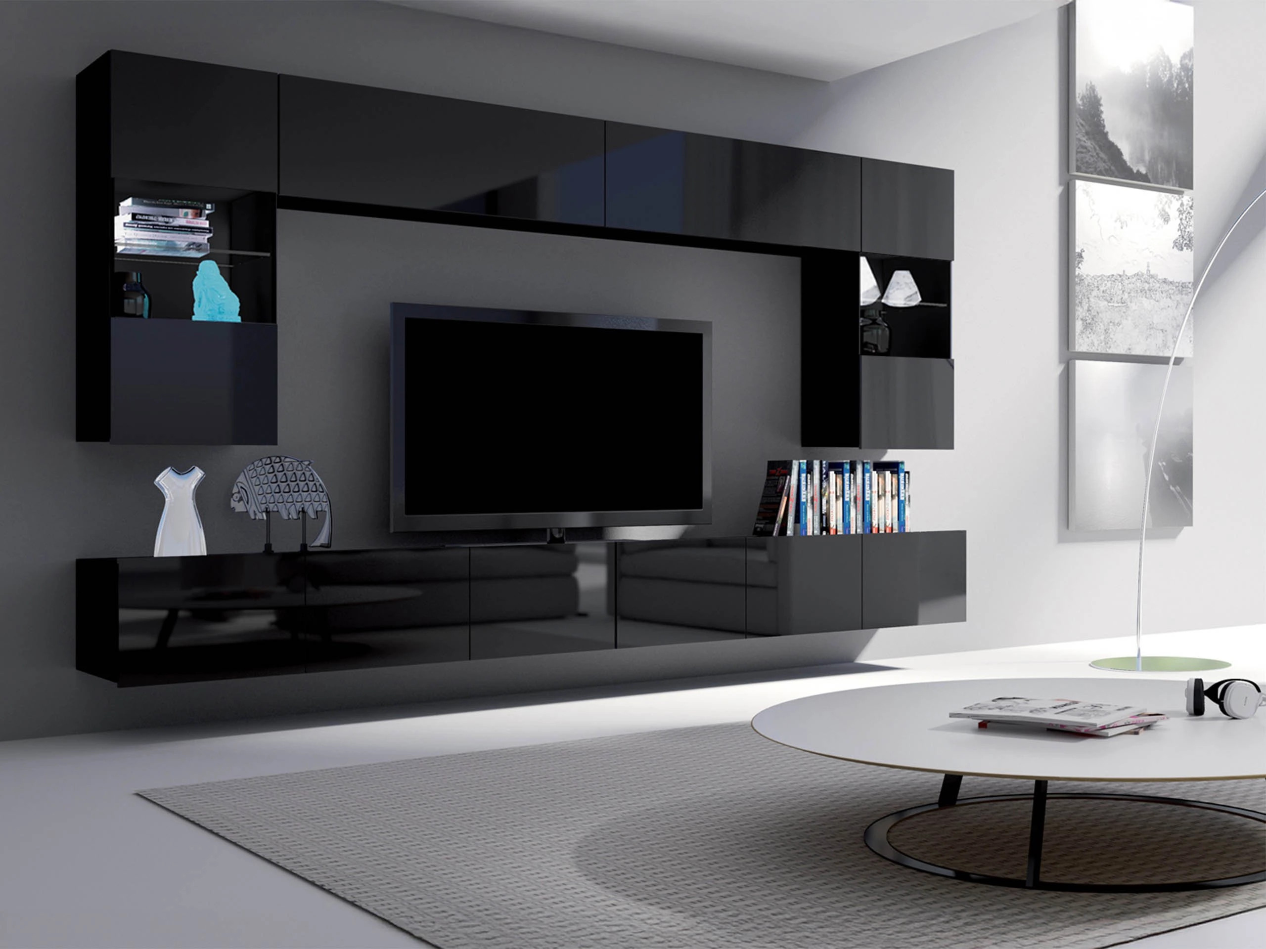 Set de living Remus I (Negru + Negru lucios)