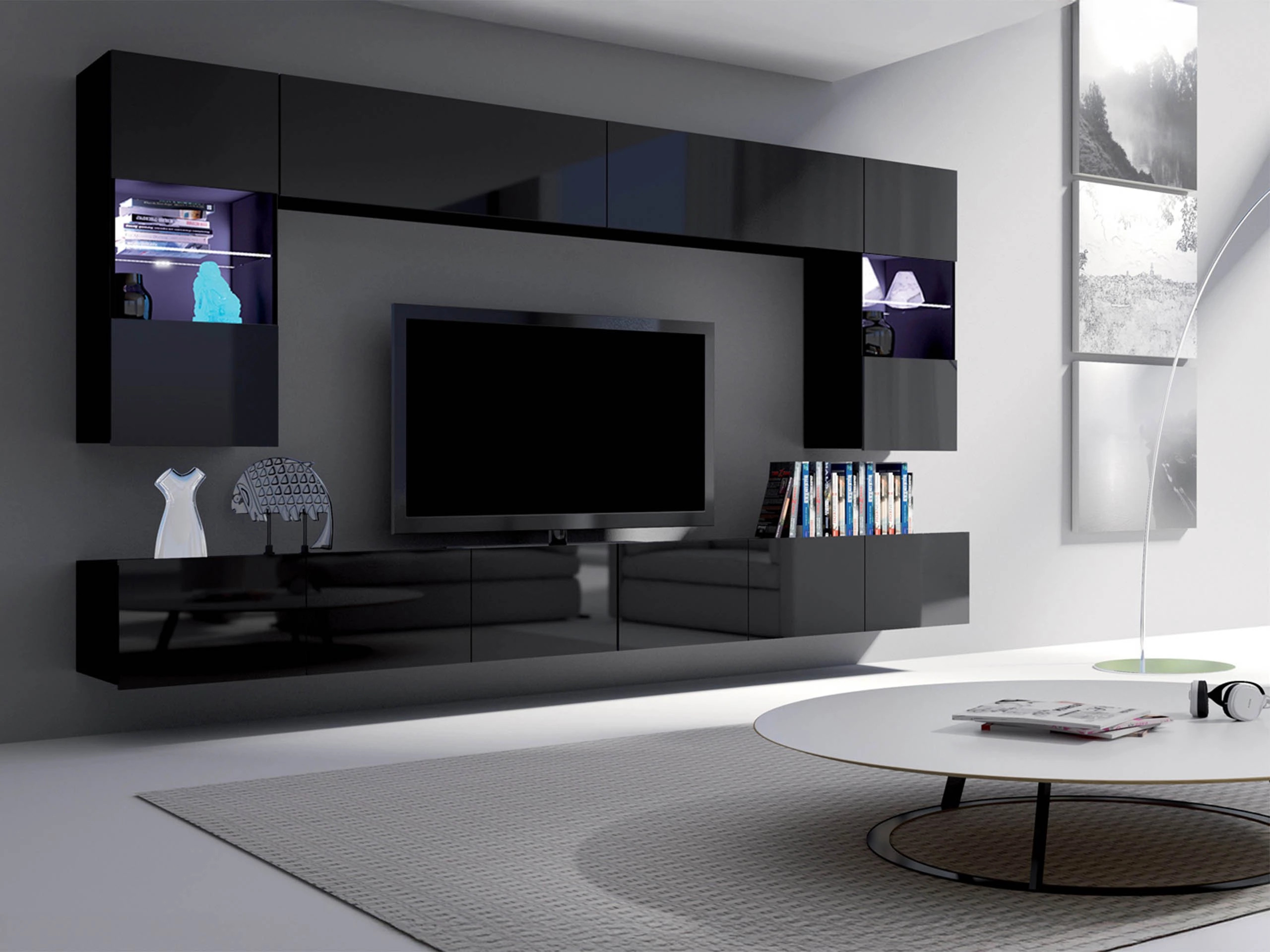 Set de living Remus I (Negru + Negru lucios)