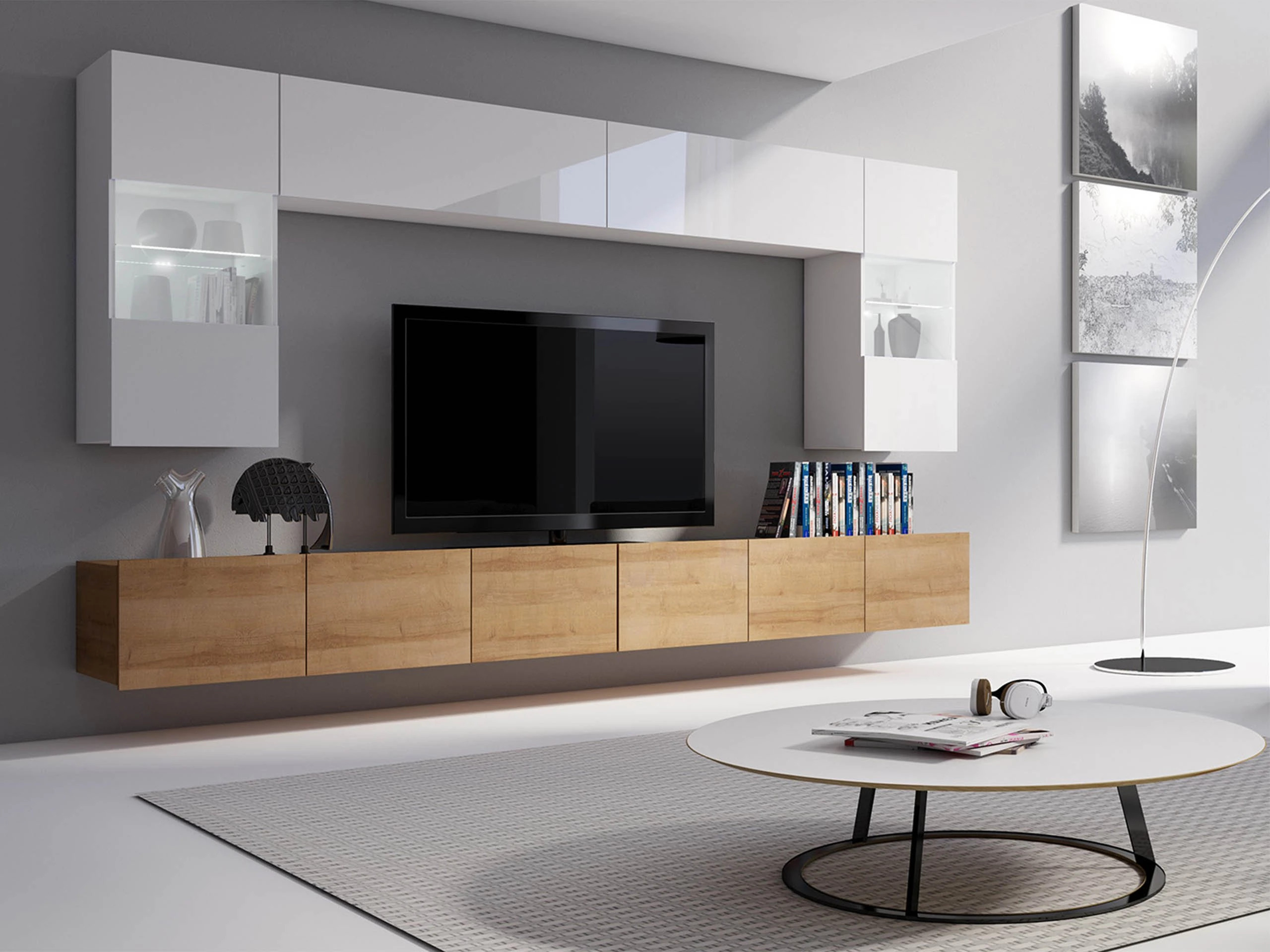 Set de living Remus I (Stejar auriu + Alb + Alb lucios)