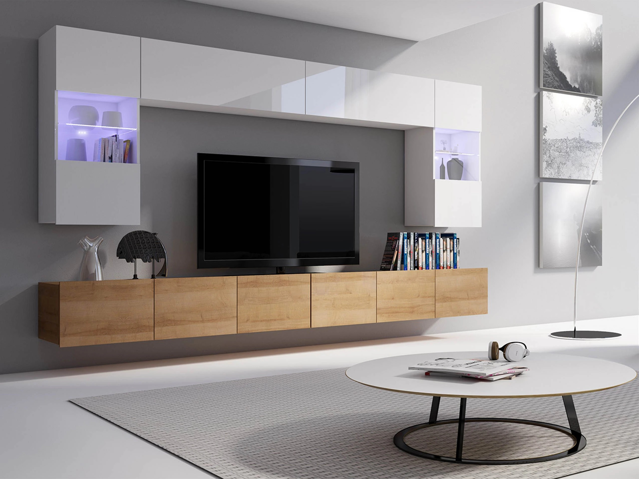 Set de living Remus I (Stejar auriu + Alb + Alb lucios)