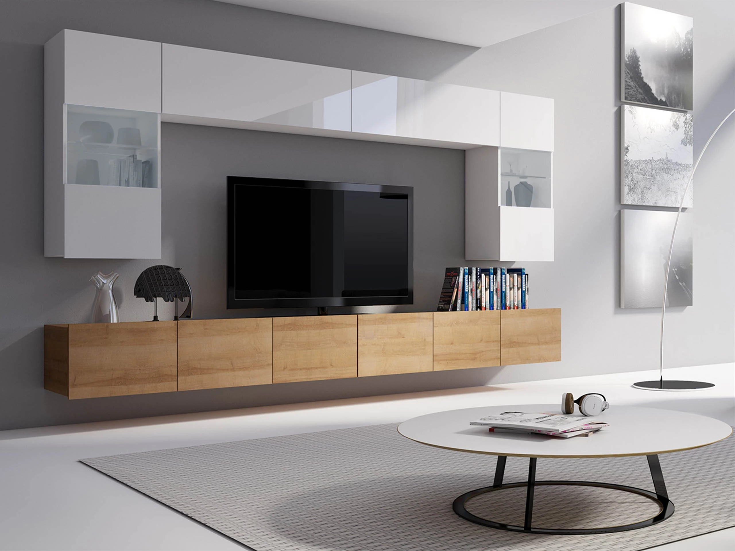 Set de living Remus I (Stejar auriu + Alb + Alb lucios)