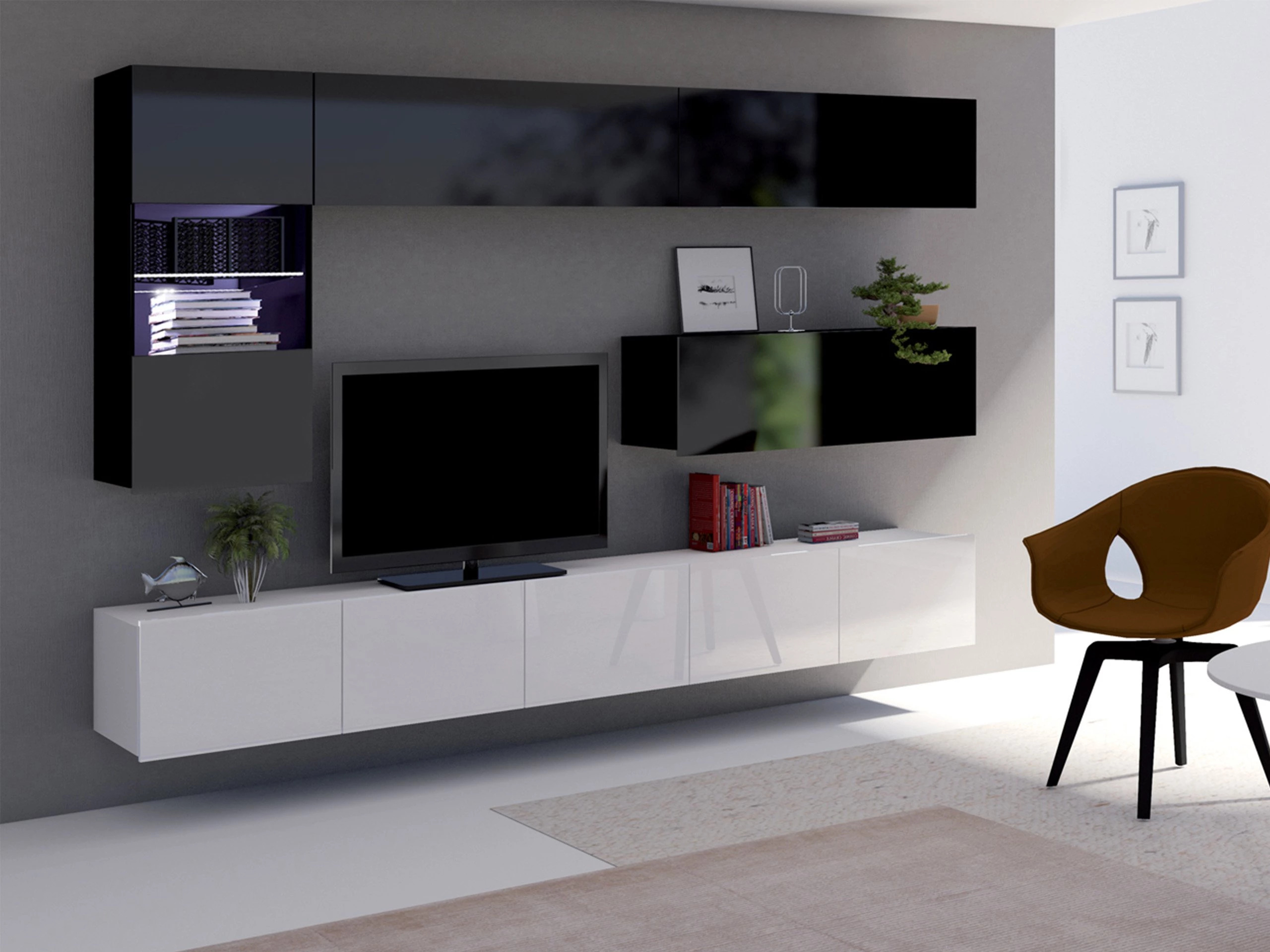 Set de living Remus IV (Alb + Alb lucios + Negru + Negru lucios)