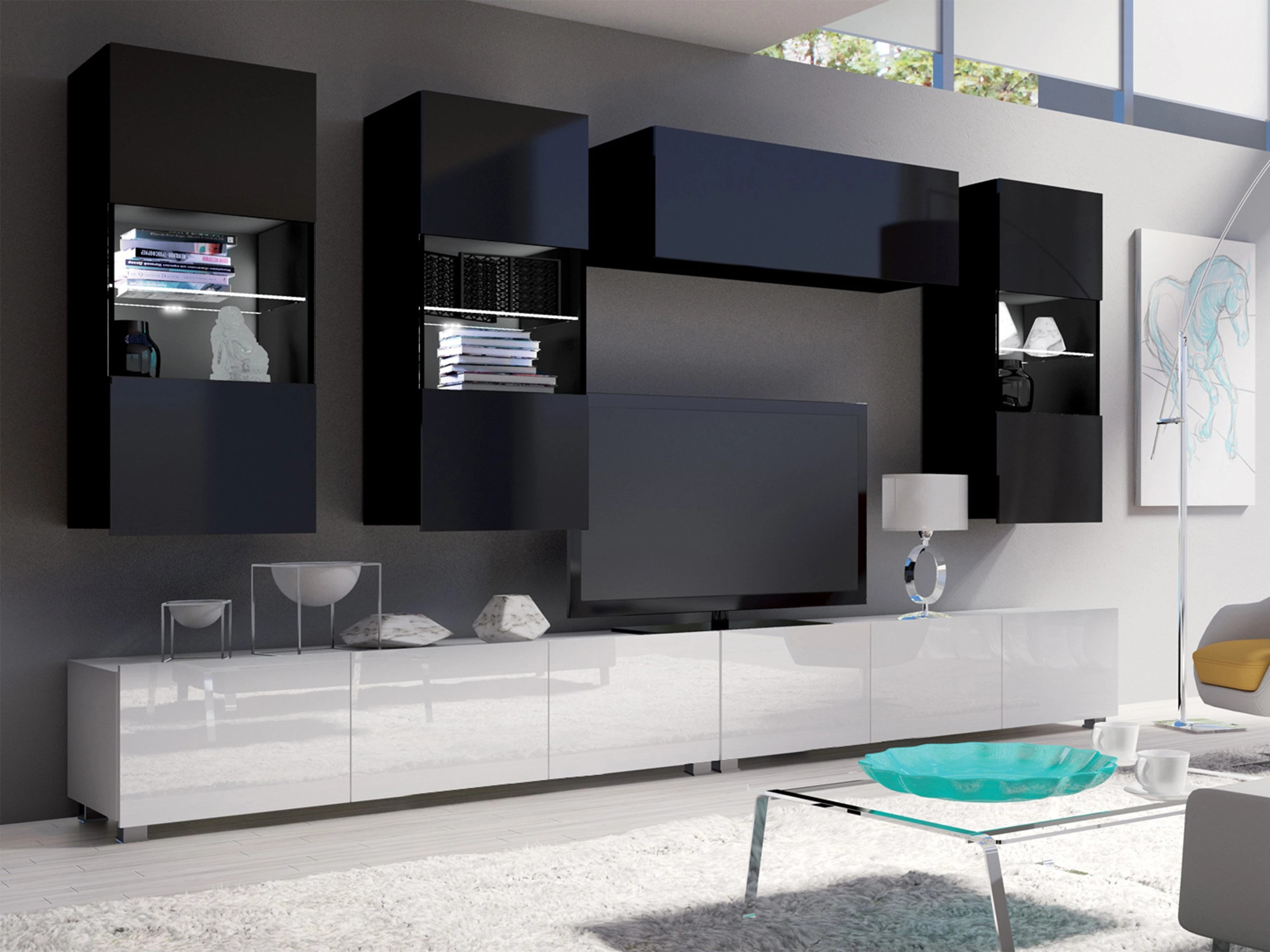 Set de living Remus V (Alb + Alb lucios + Negru + Negru lucios)
