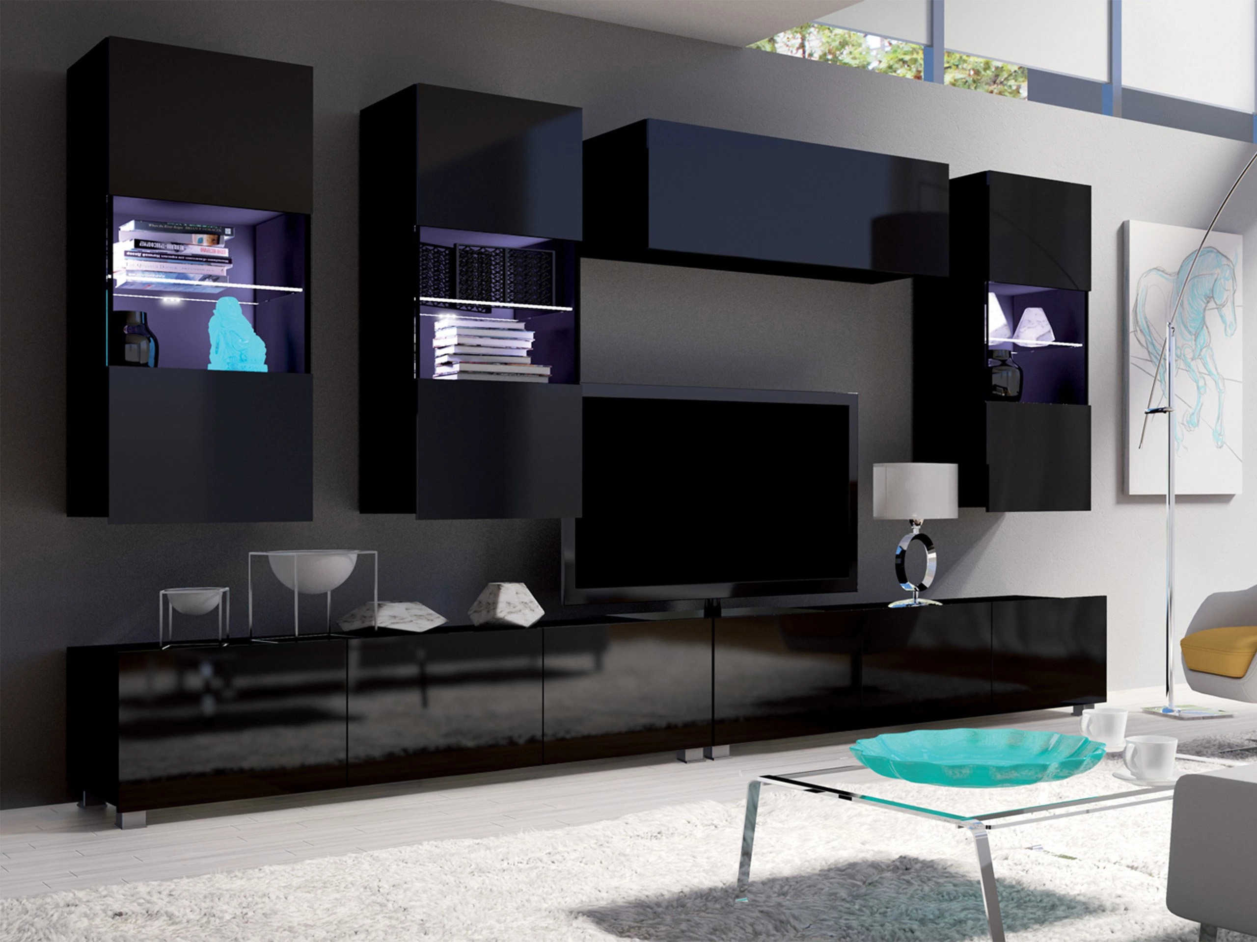 Set de living Remus V (Negru + Negru lucios)