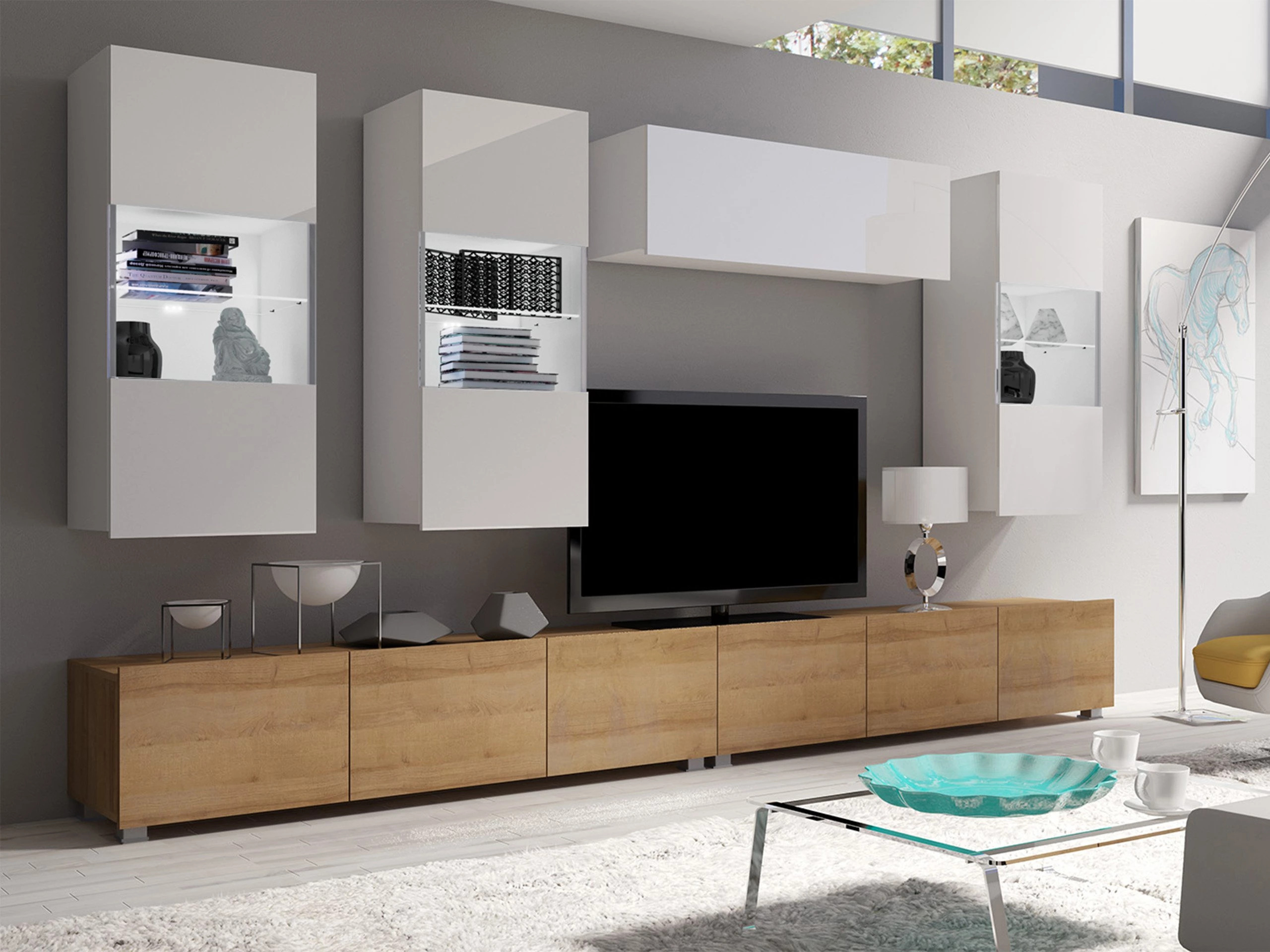 Set de living Remus V (Stejar auriu + Alb + Alb lucios)