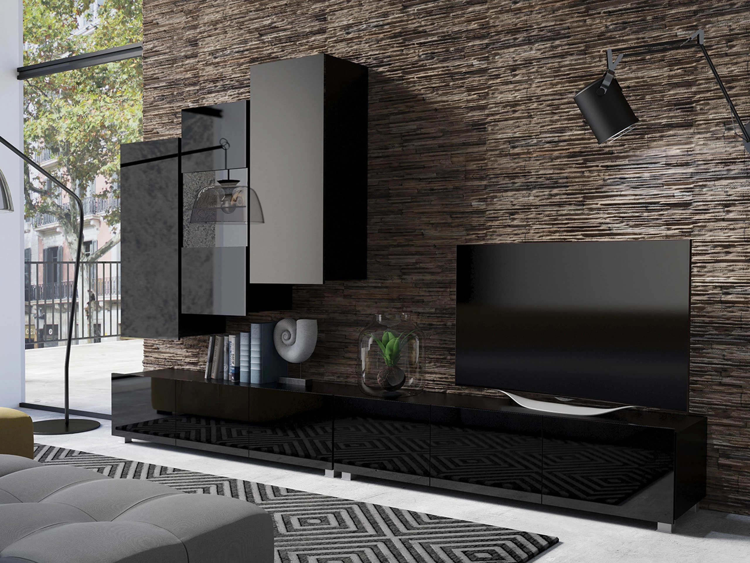 Dulap de perete Remus III (Negru + Negru lucios)