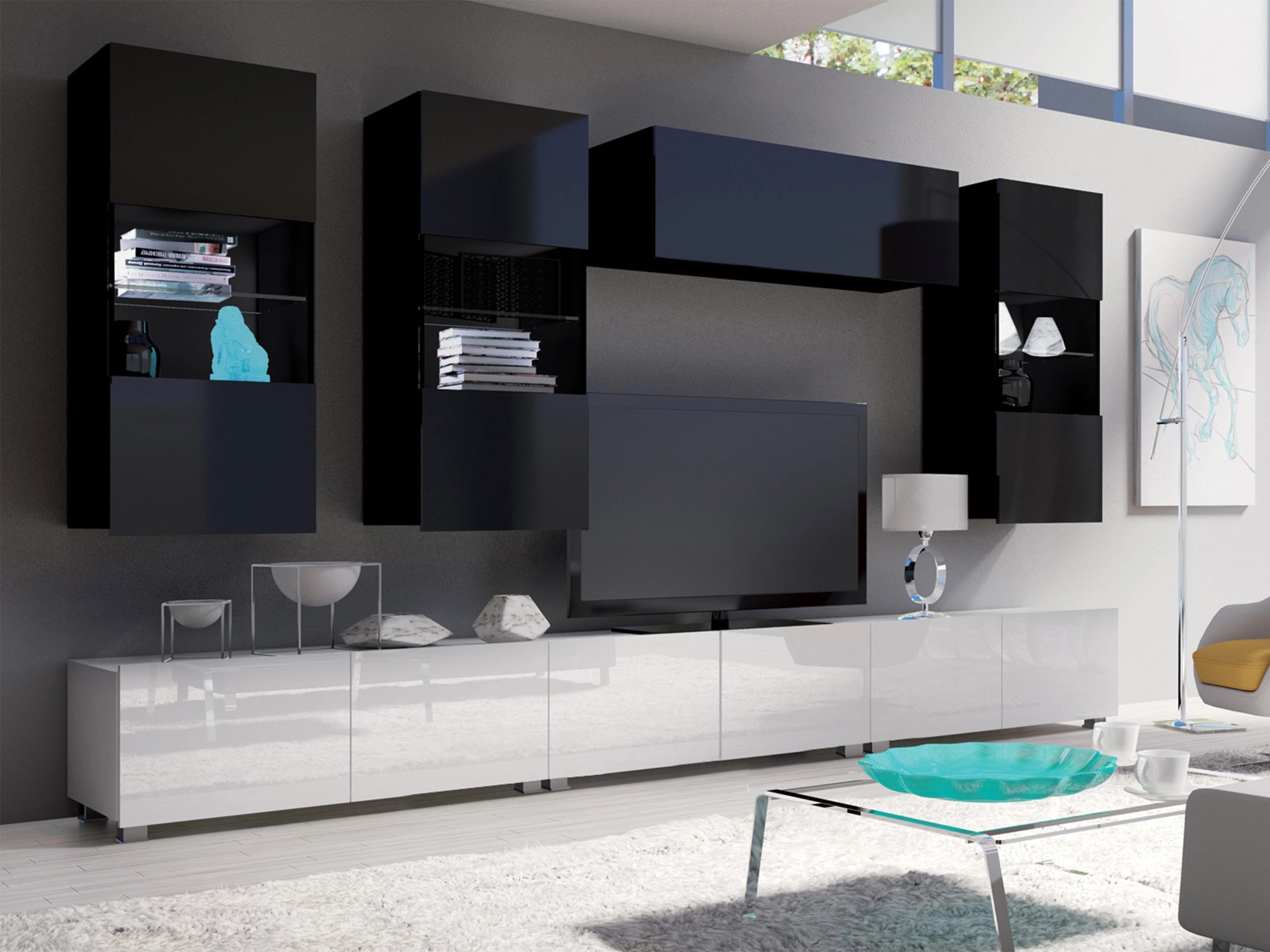 Set de living Remus XI (Alb + Alb lucios + Negru + Negru lucios)