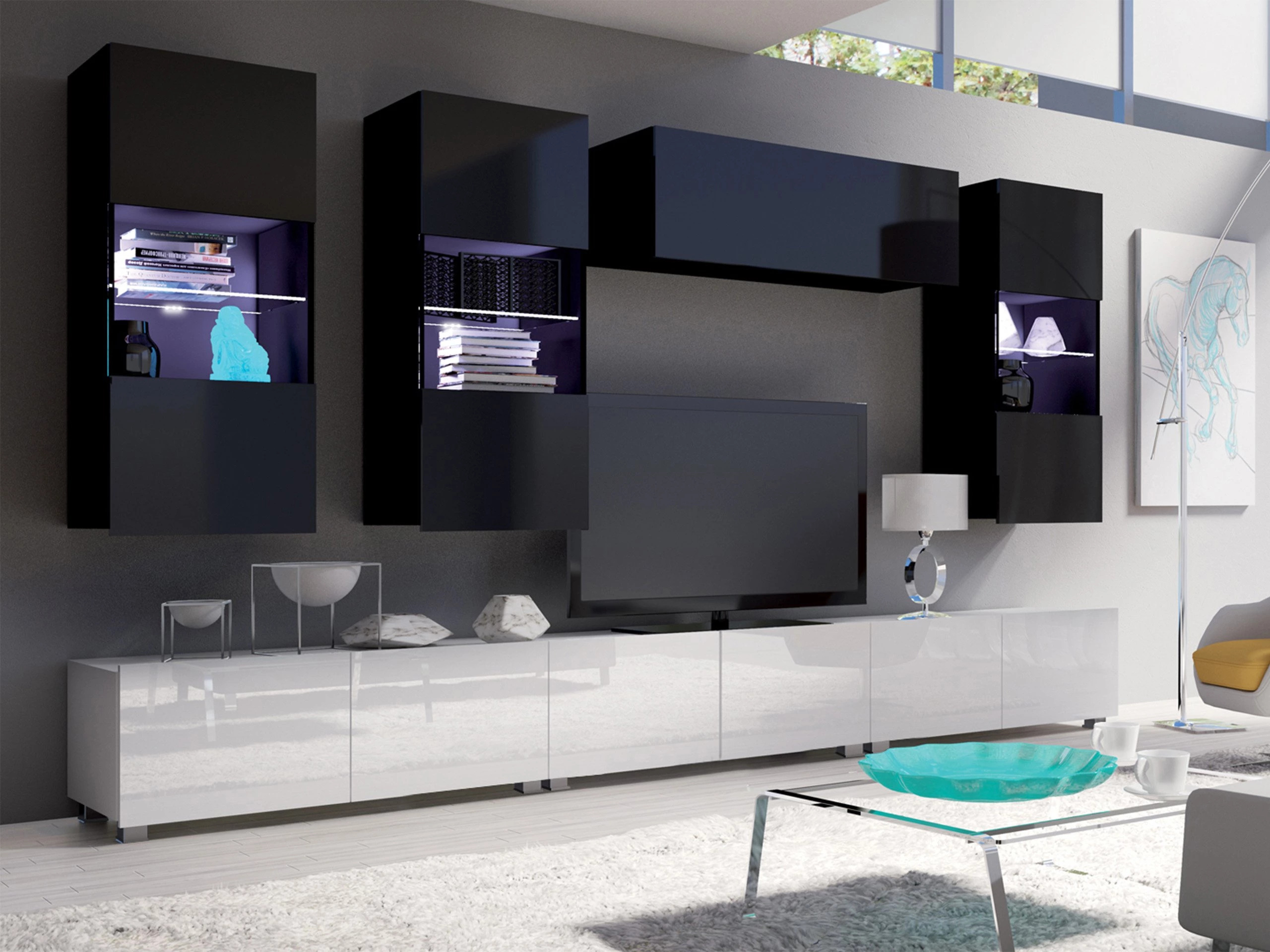 Set de living Remus XI (Alb + Alb lucios + Negru + Negru lucios)