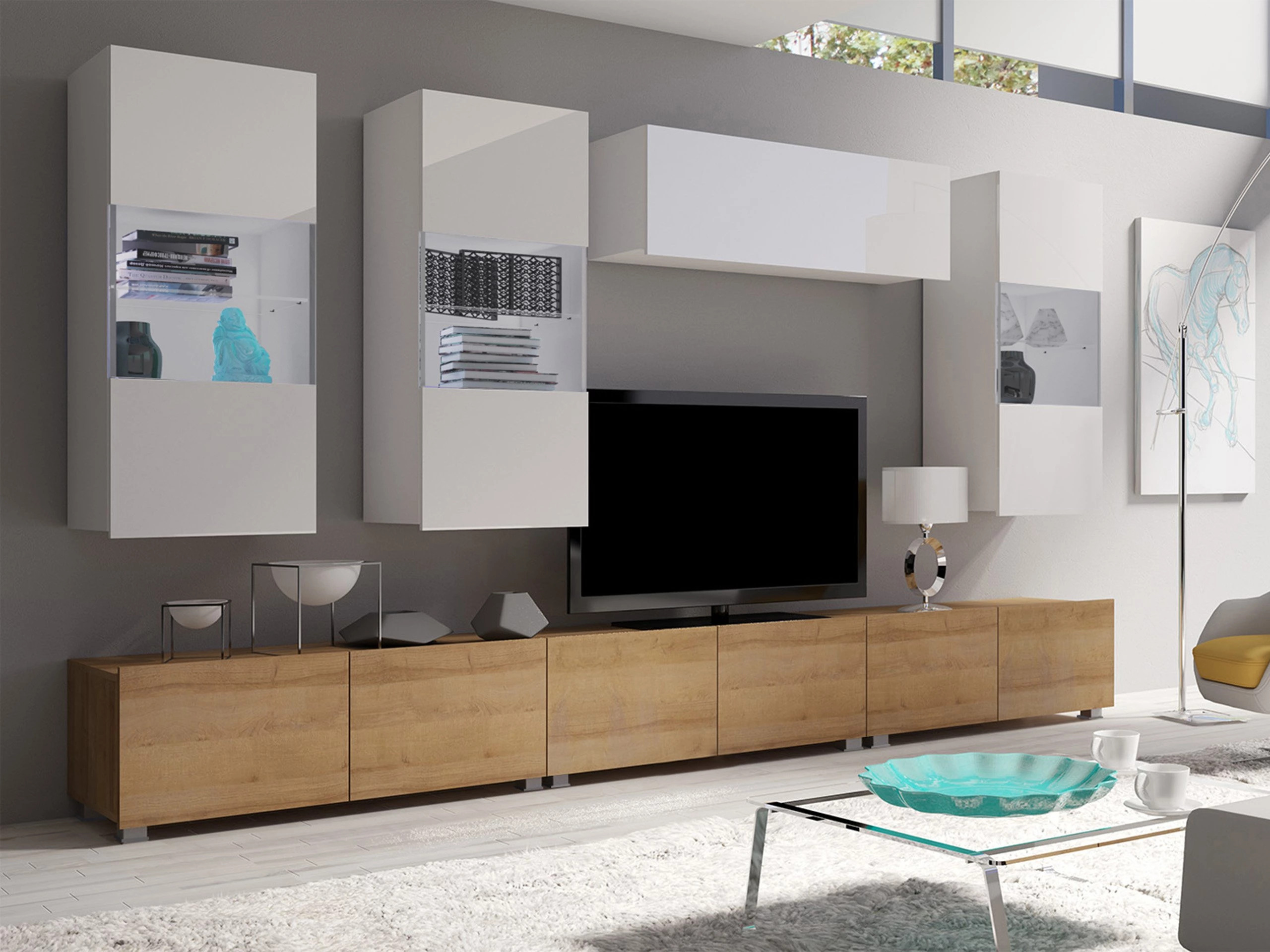 Set de living Remus XI (Stejar auriu + Alb + Alb lucios)