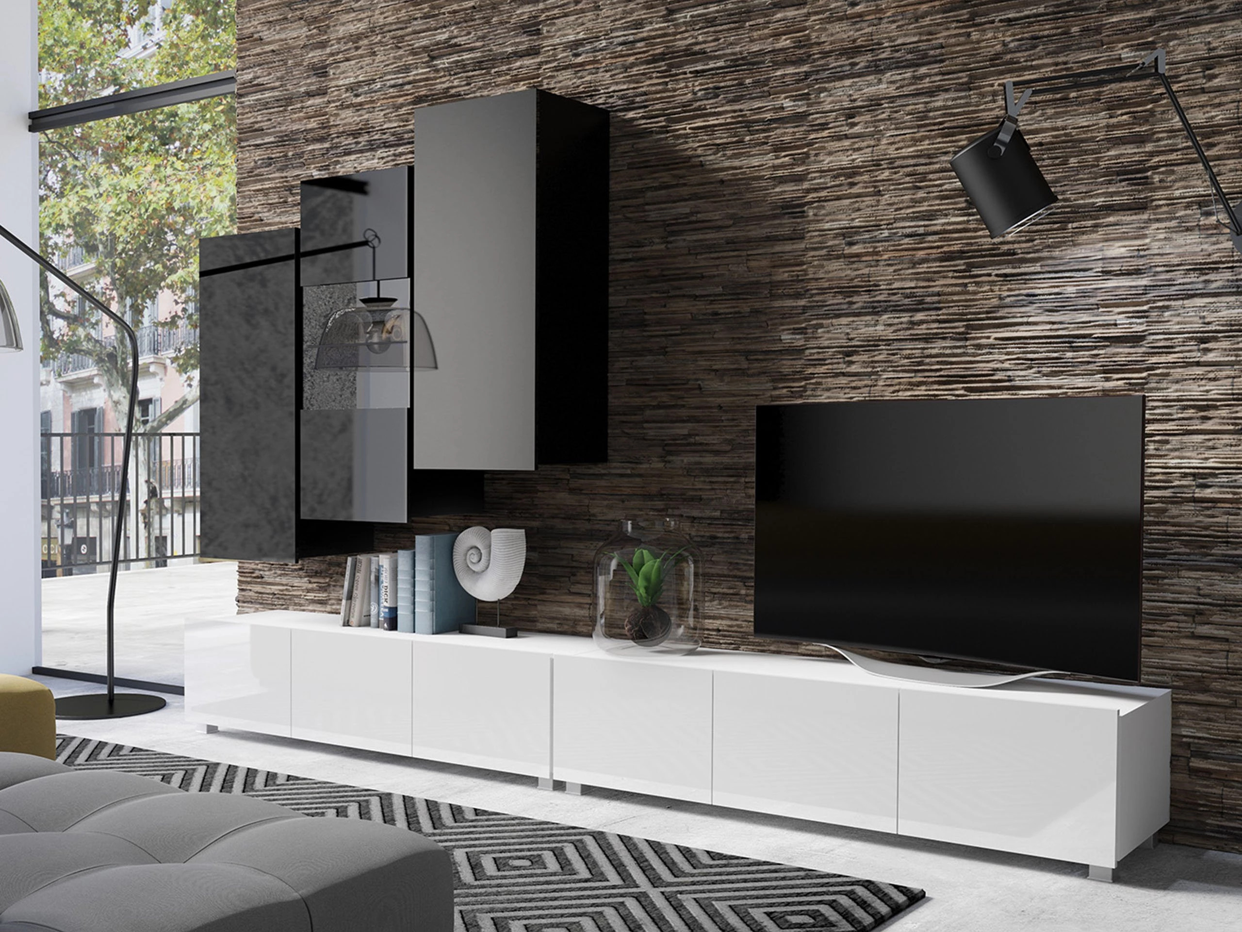 Set de living Remus XVII (Alb + Alb lucios + Negru + Negru lucios)