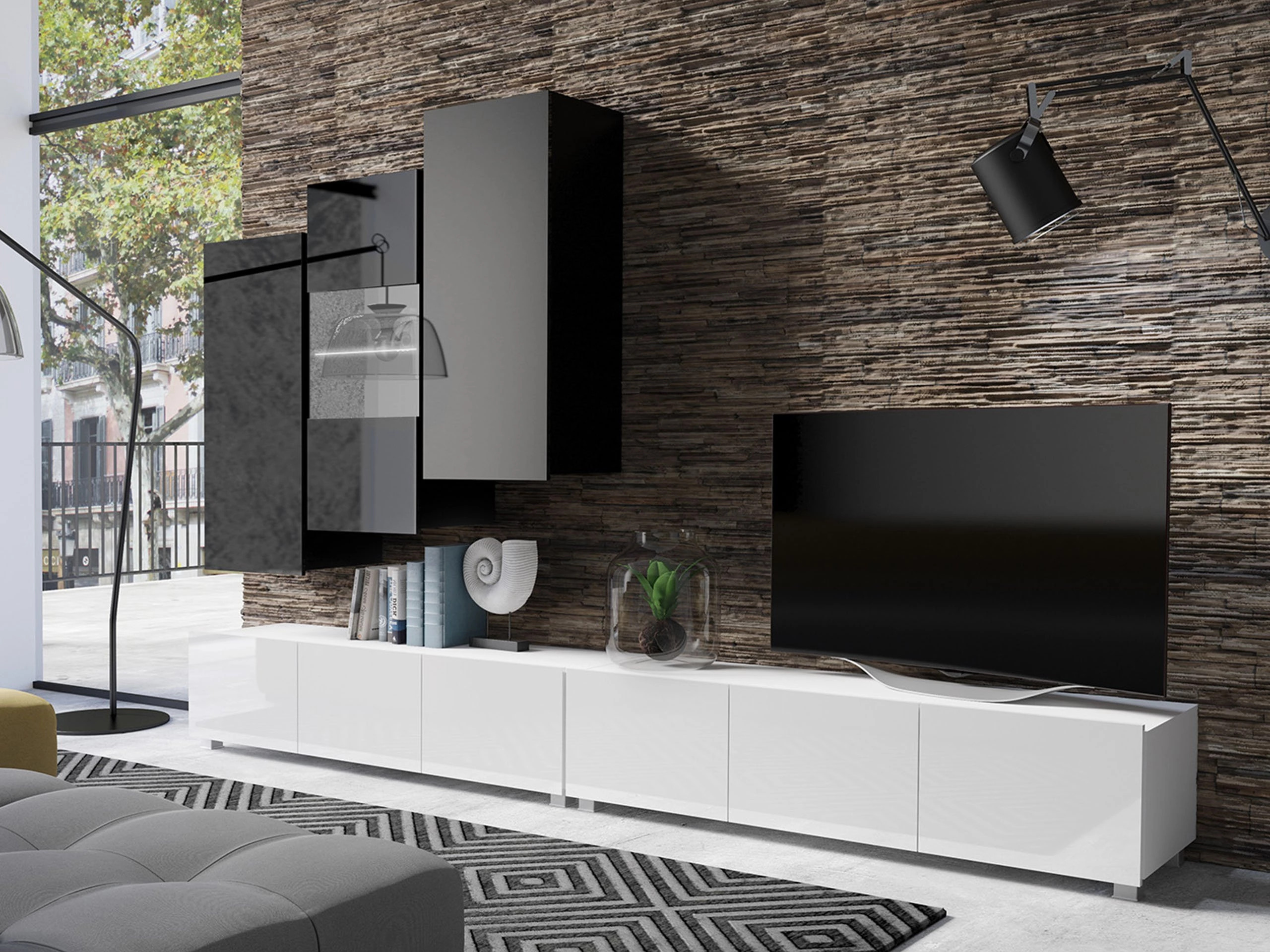Set de living Remus XVII (Alb + Alb lucios + Negru + Negru lucios)