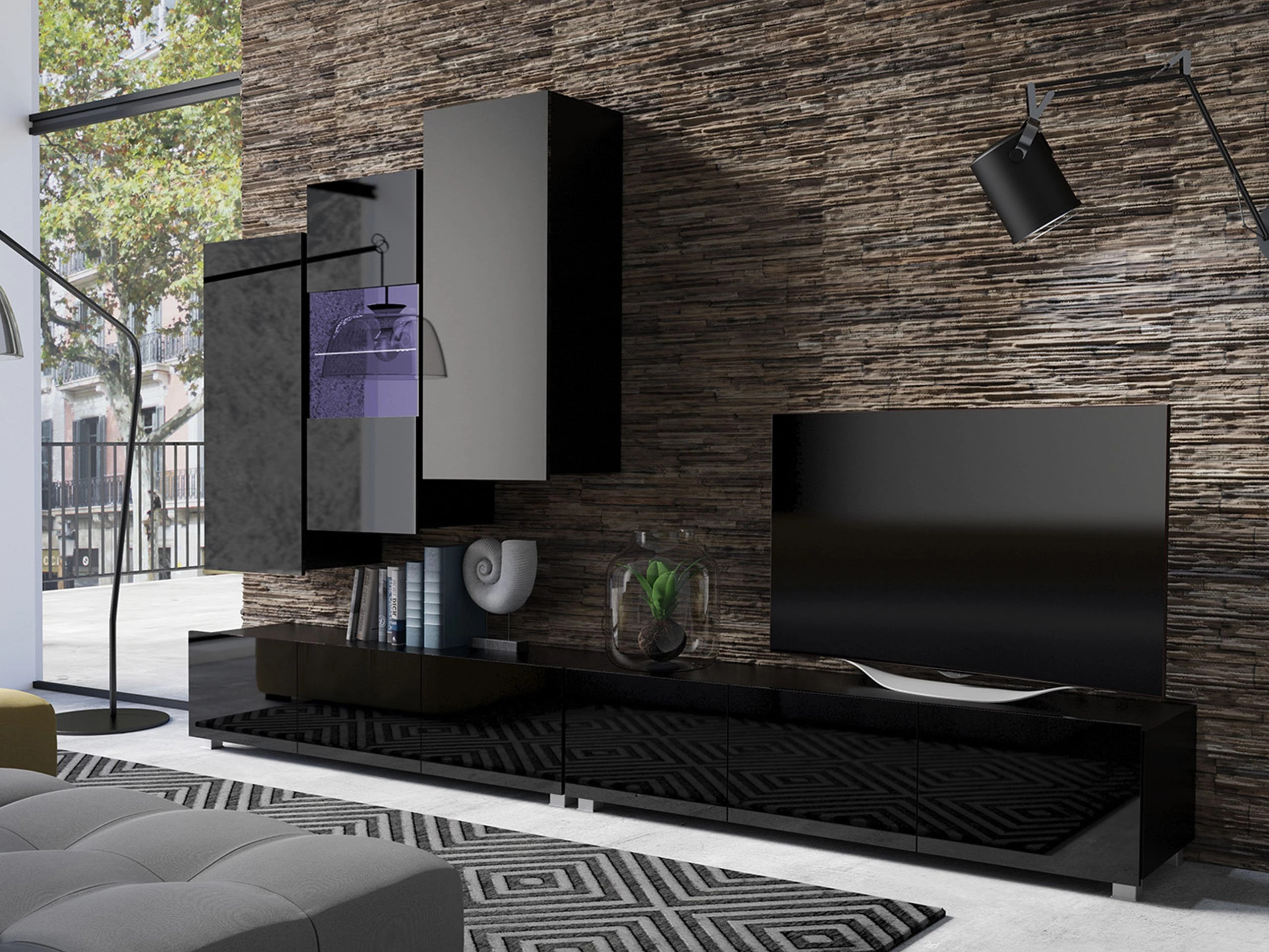 Set de living Remus XVII (Negru + Negru lucios)