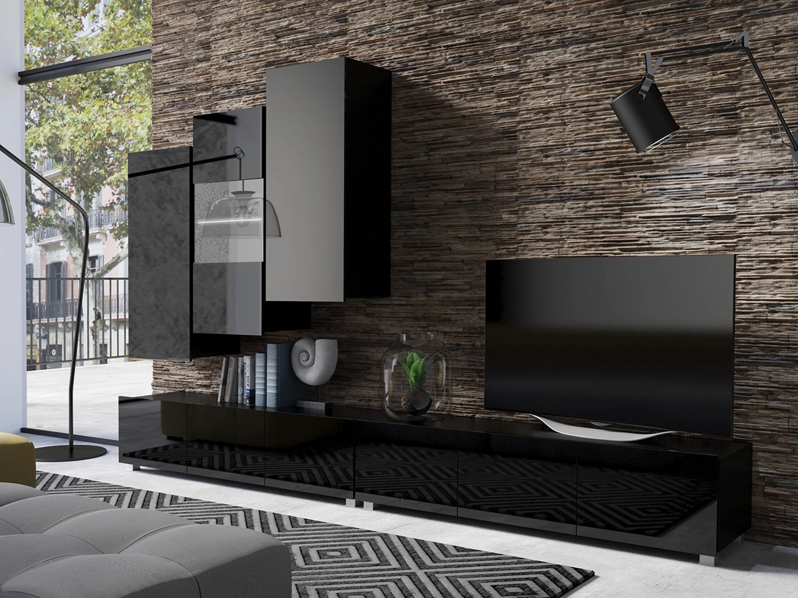 Set de living Remus XVII (Negru + Negru lucios)