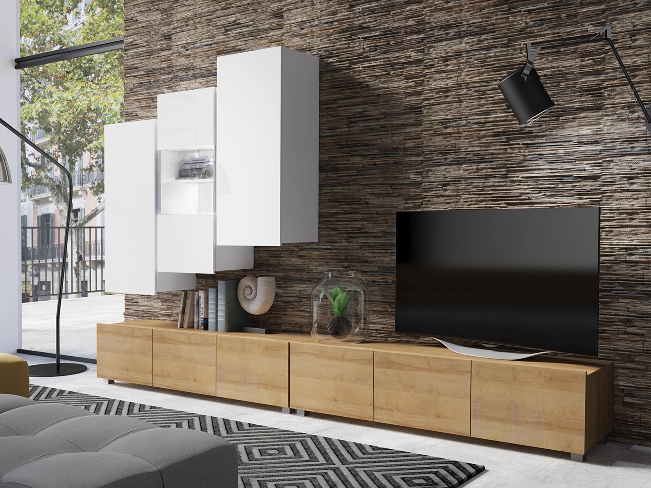 Set de living Remus XVII (Stejar auriu + Alb + Alb lucios)