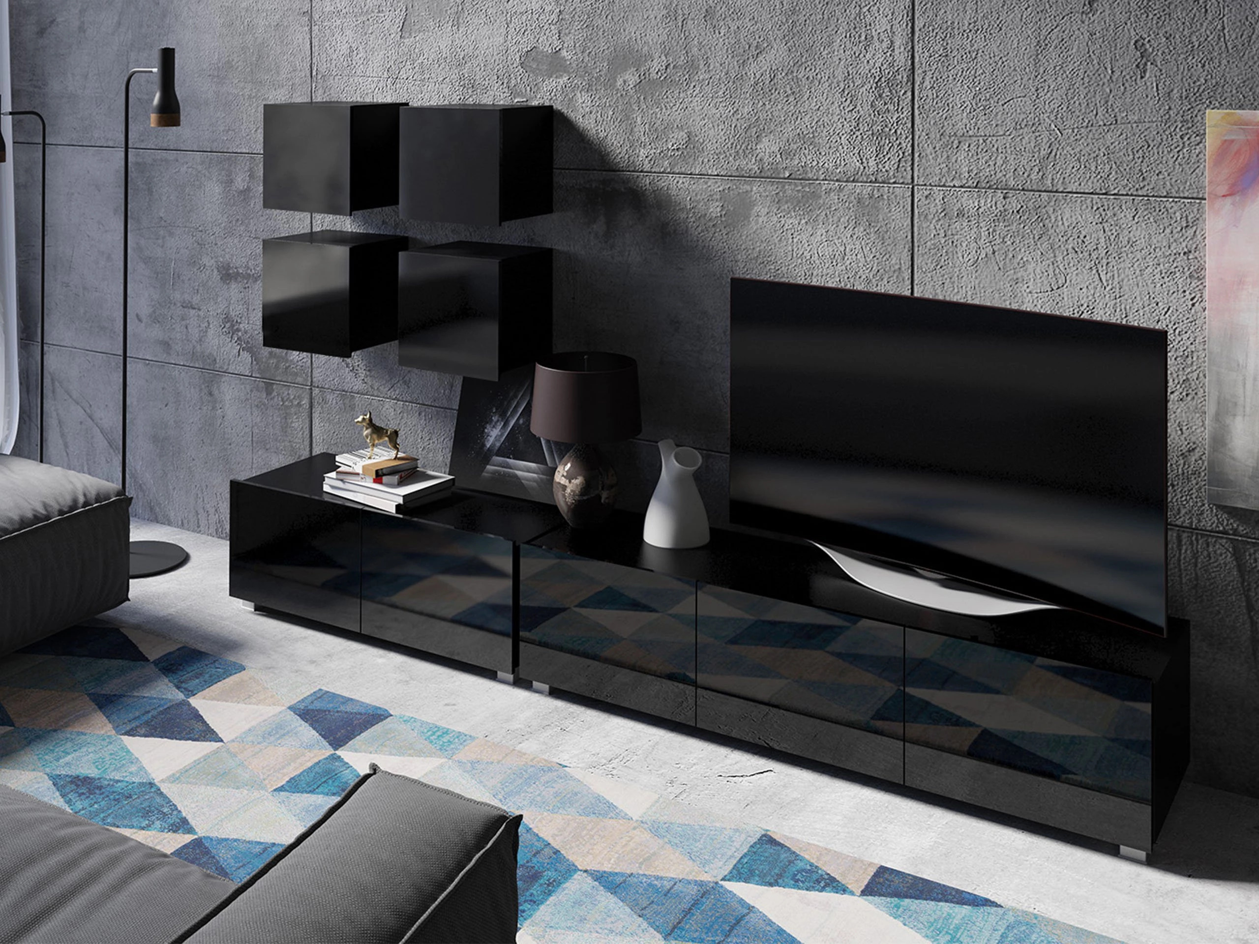 Set de living Remus XVIII (Negru + Negru lucios)