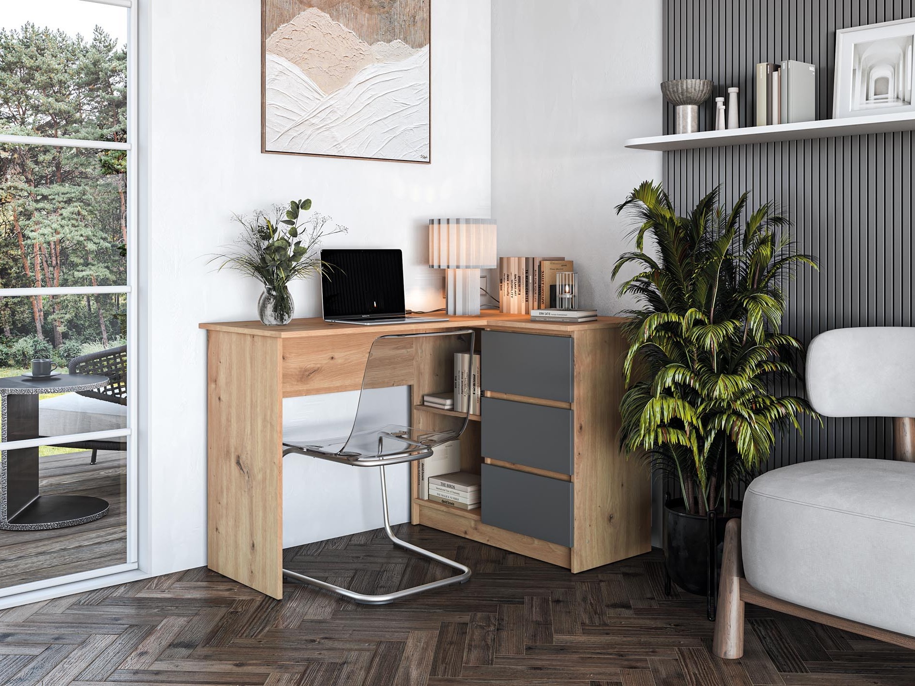 Birou de colt Houston 1950 (Grafit + Stejar artizan)