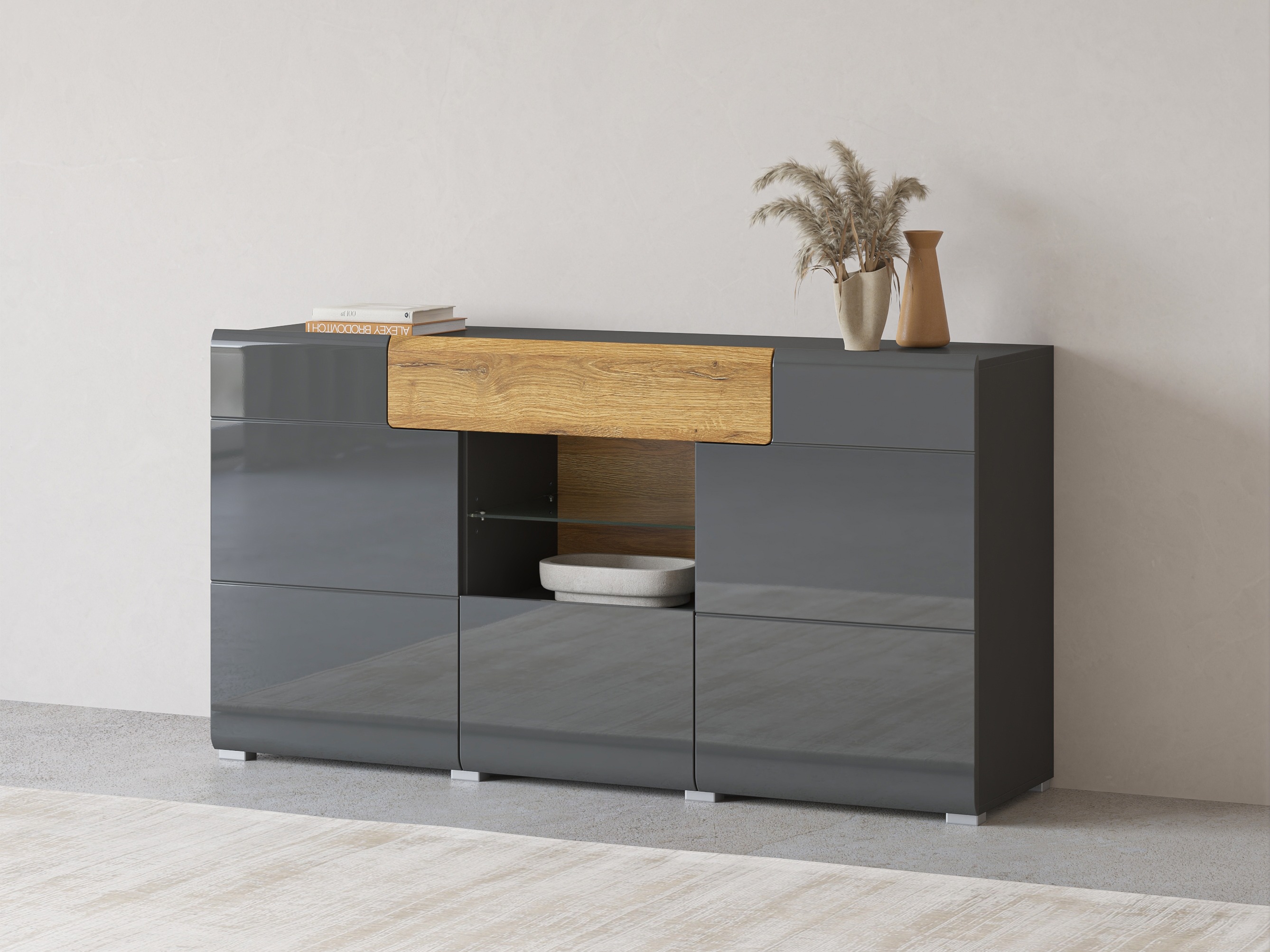 Comodă Torsone 108 (Antracit + Gloss antracit + Stejar Grandson)