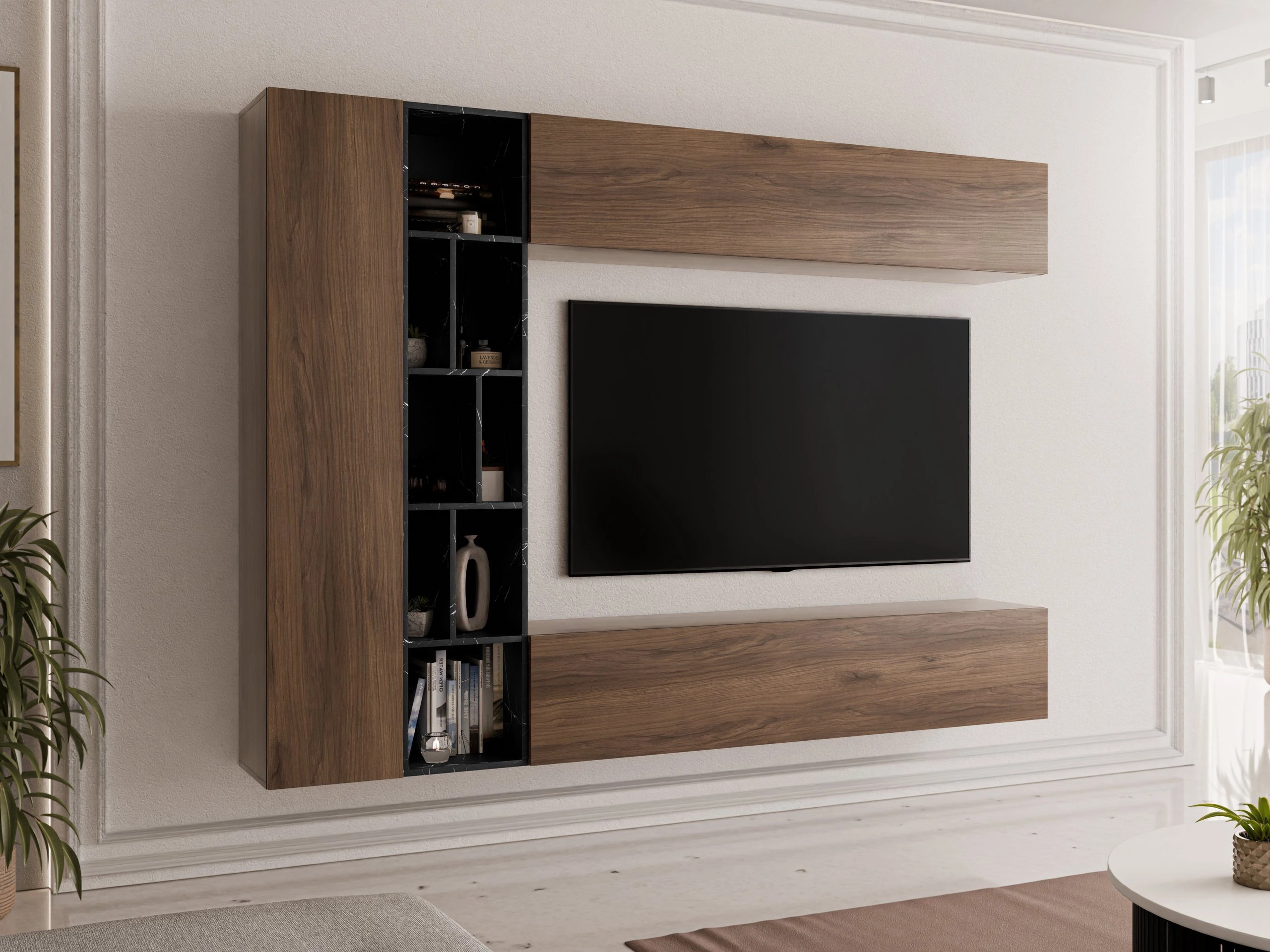 Set de living Comfivo Natura (Nuc + Marmură neagră)