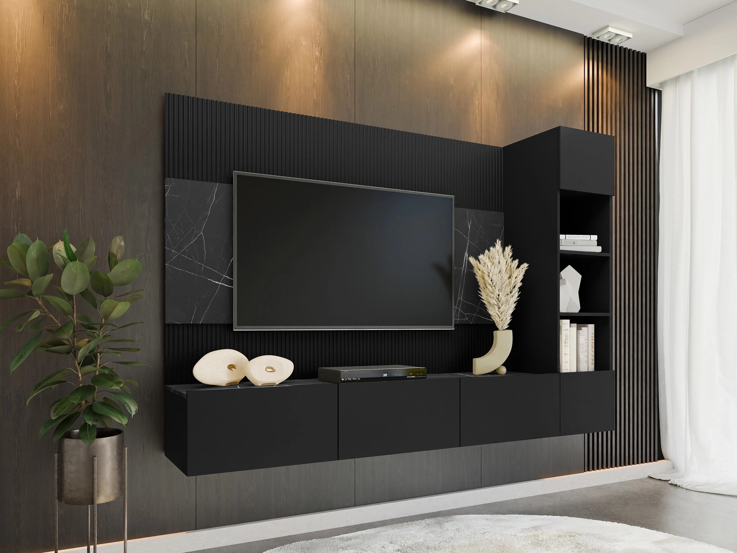 Set de living Comfivo Salix II (Negru + Marmură neagră)