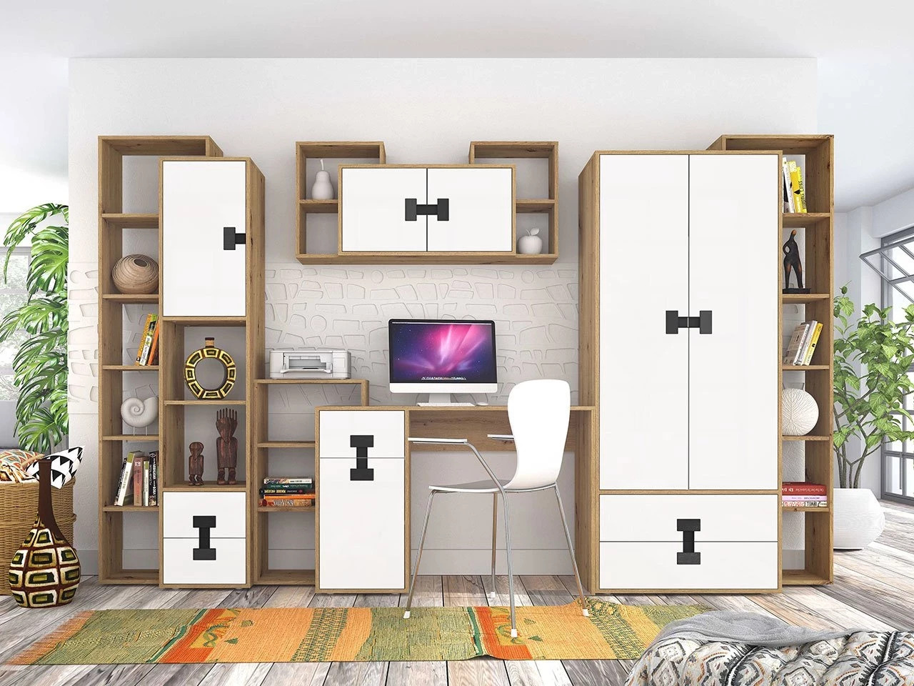 Set birou acasă Florevi 104 (Mat alb + Stejar artizan)