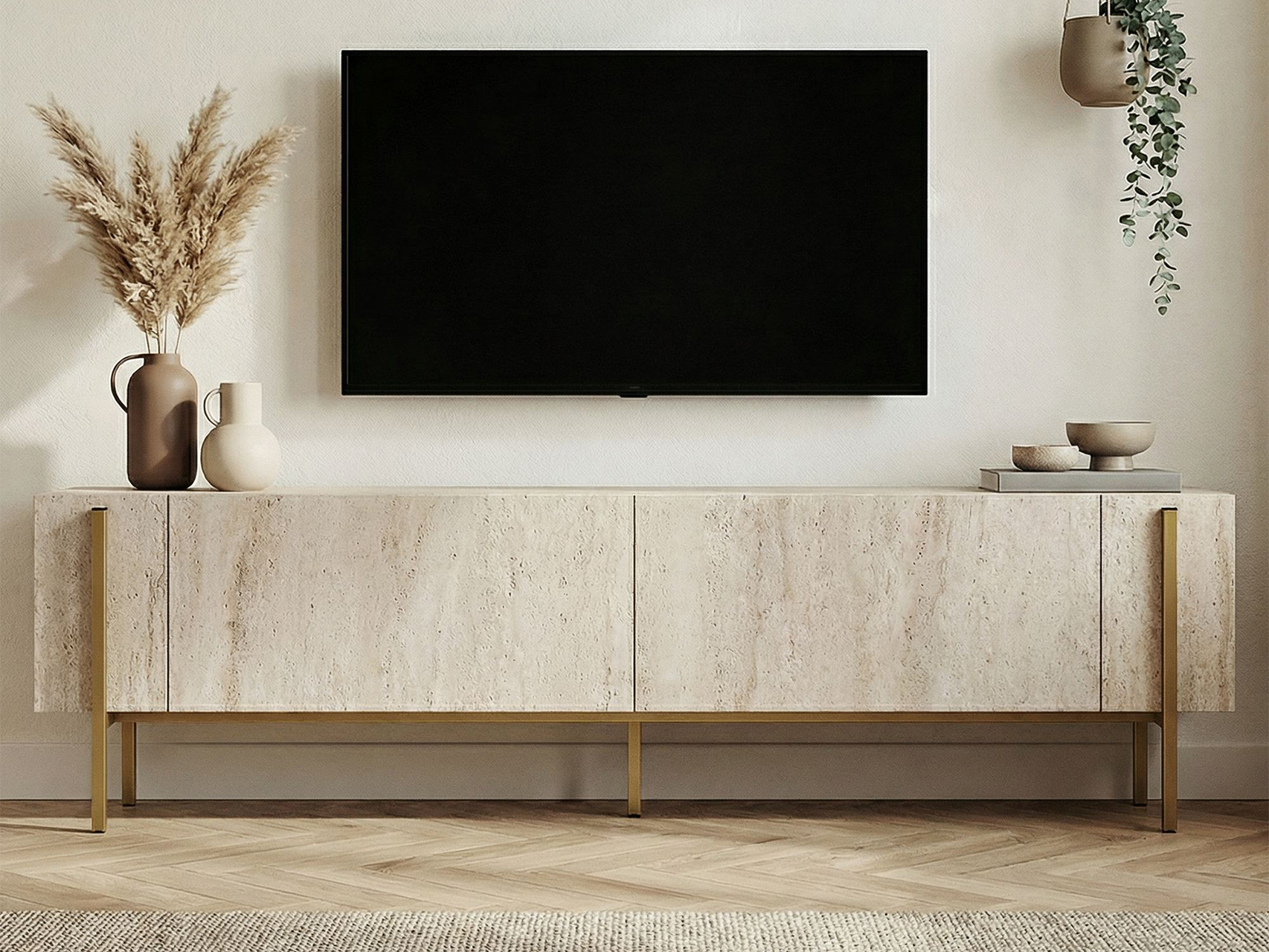 Comodă TV Novato 154 (Auriu + Deschis Travertine)