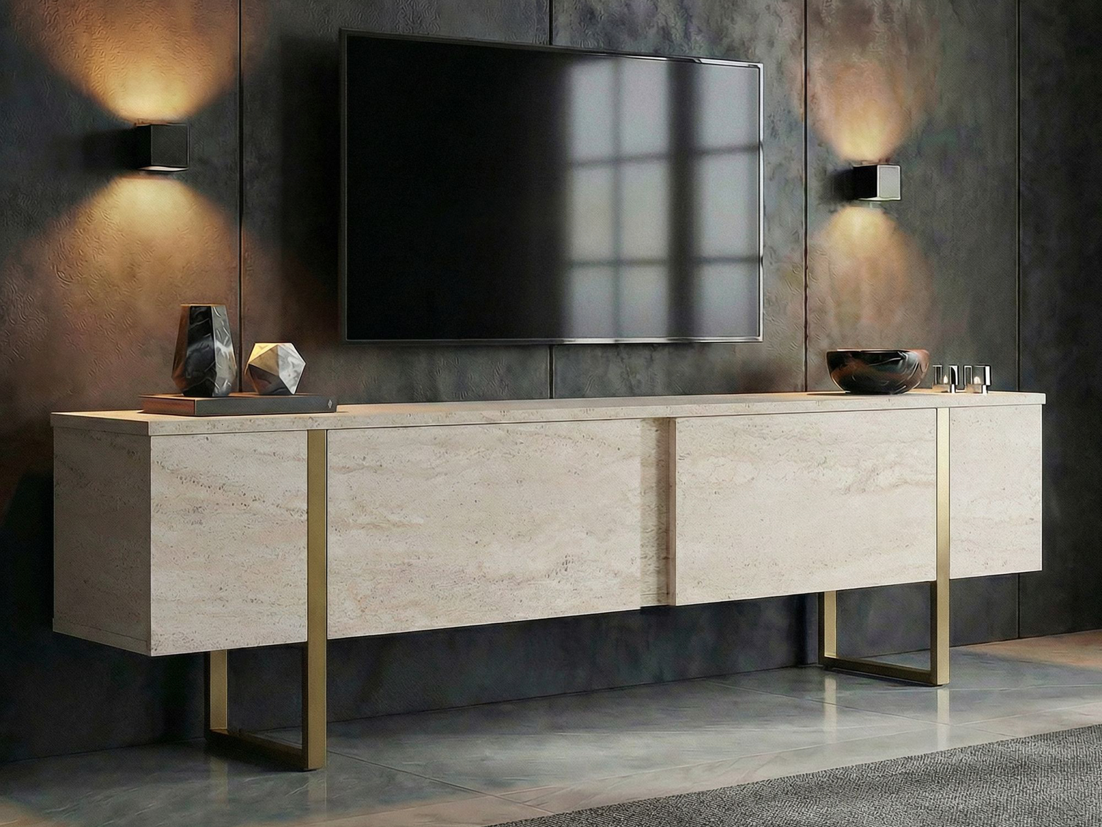 Comodă TV Novato 156 (Auriu + Deschis Travertine)