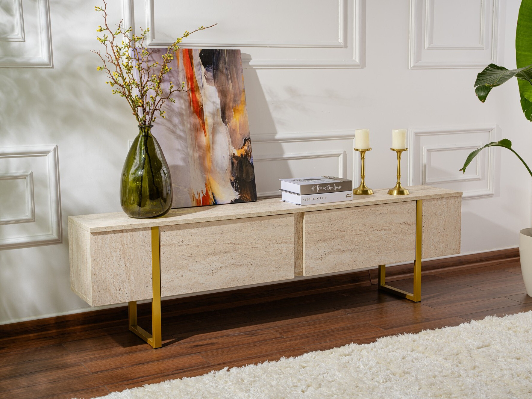 Comodă TV Novato 105 (Deschis Travertine + Auriu)