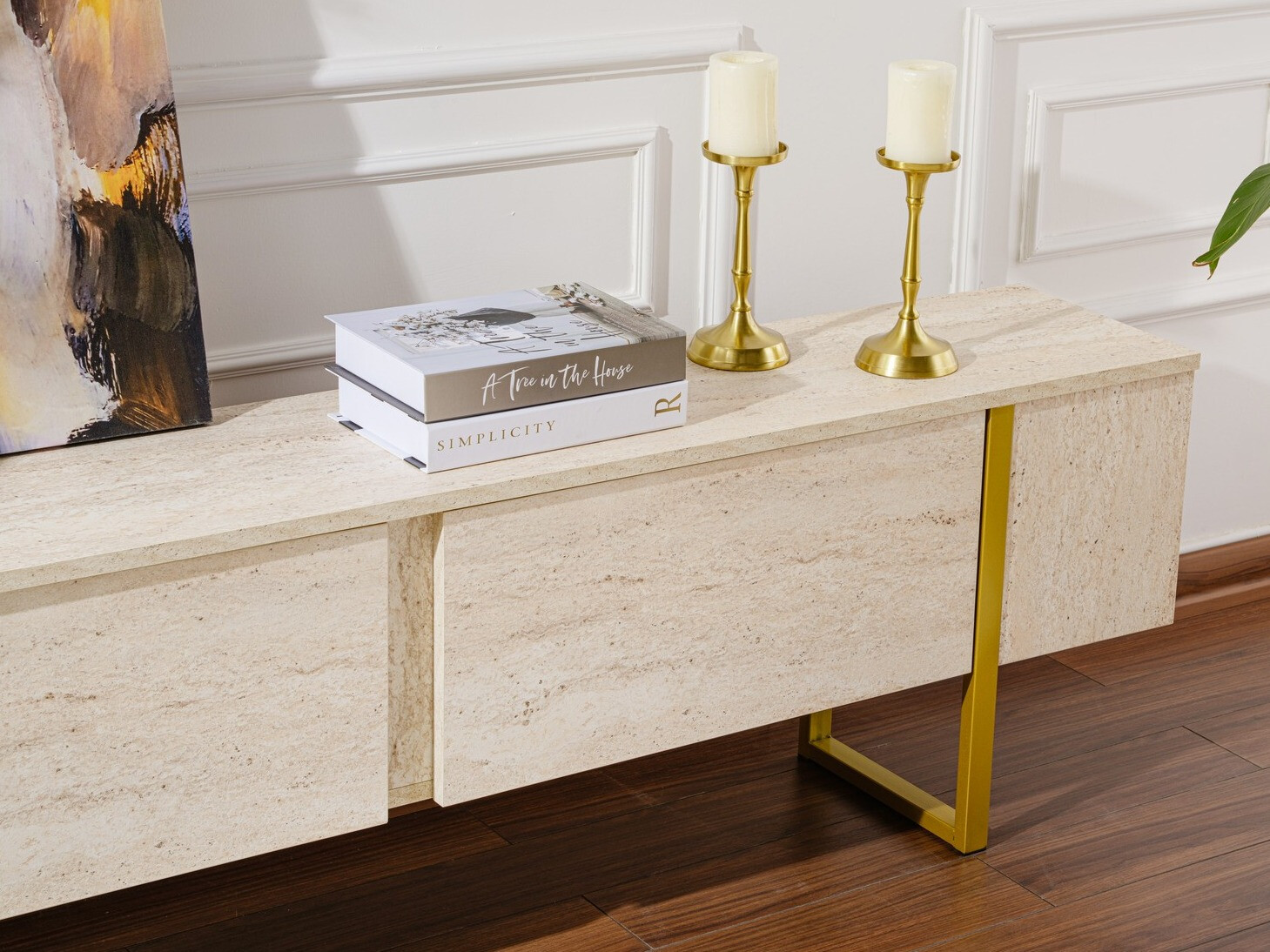 Comodă TV Novato 105 (Deschis Travertine + Auriu)