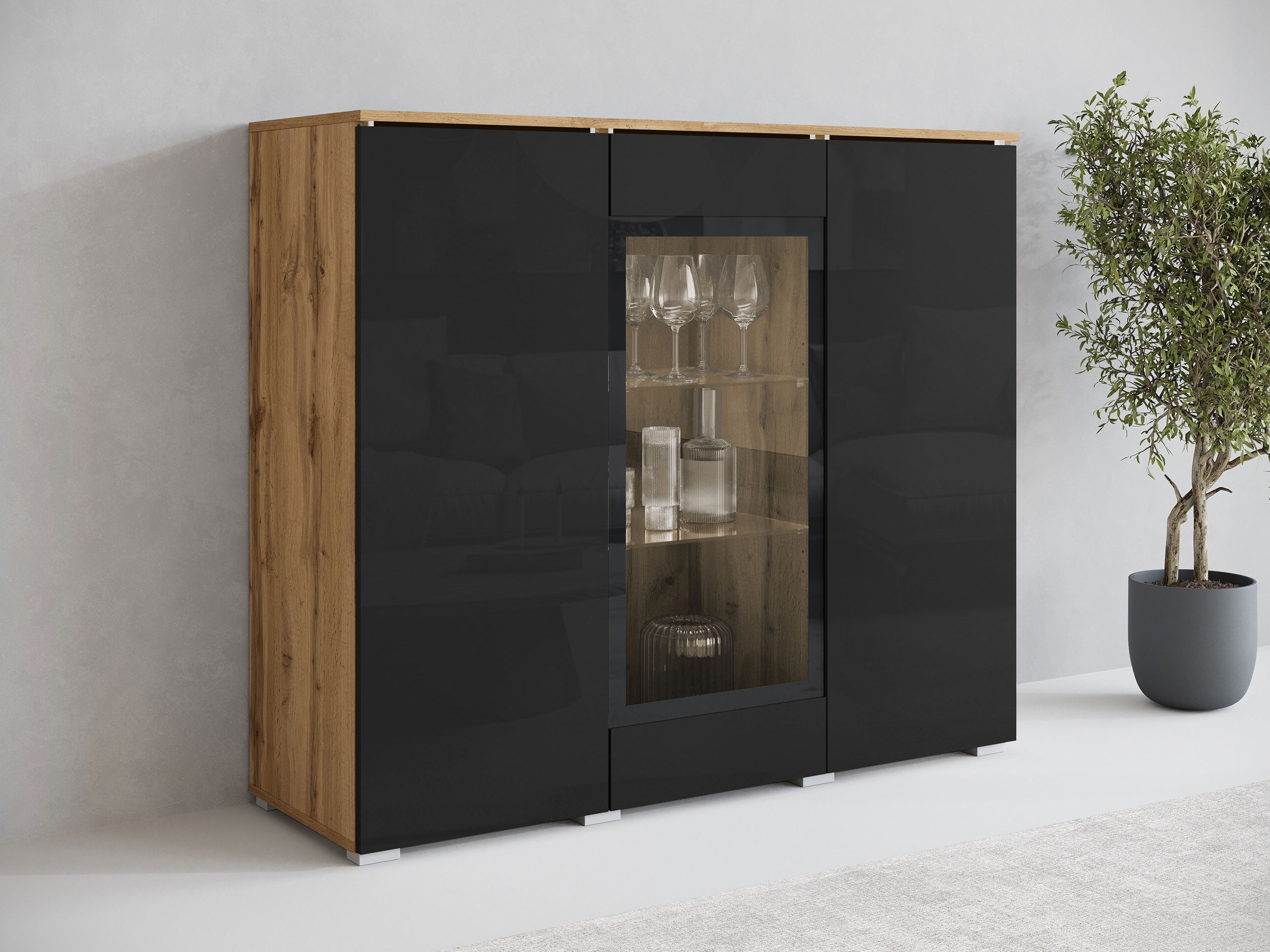 Bufet Mirfivo 103 (Stejar Wotan + Negru lucios)